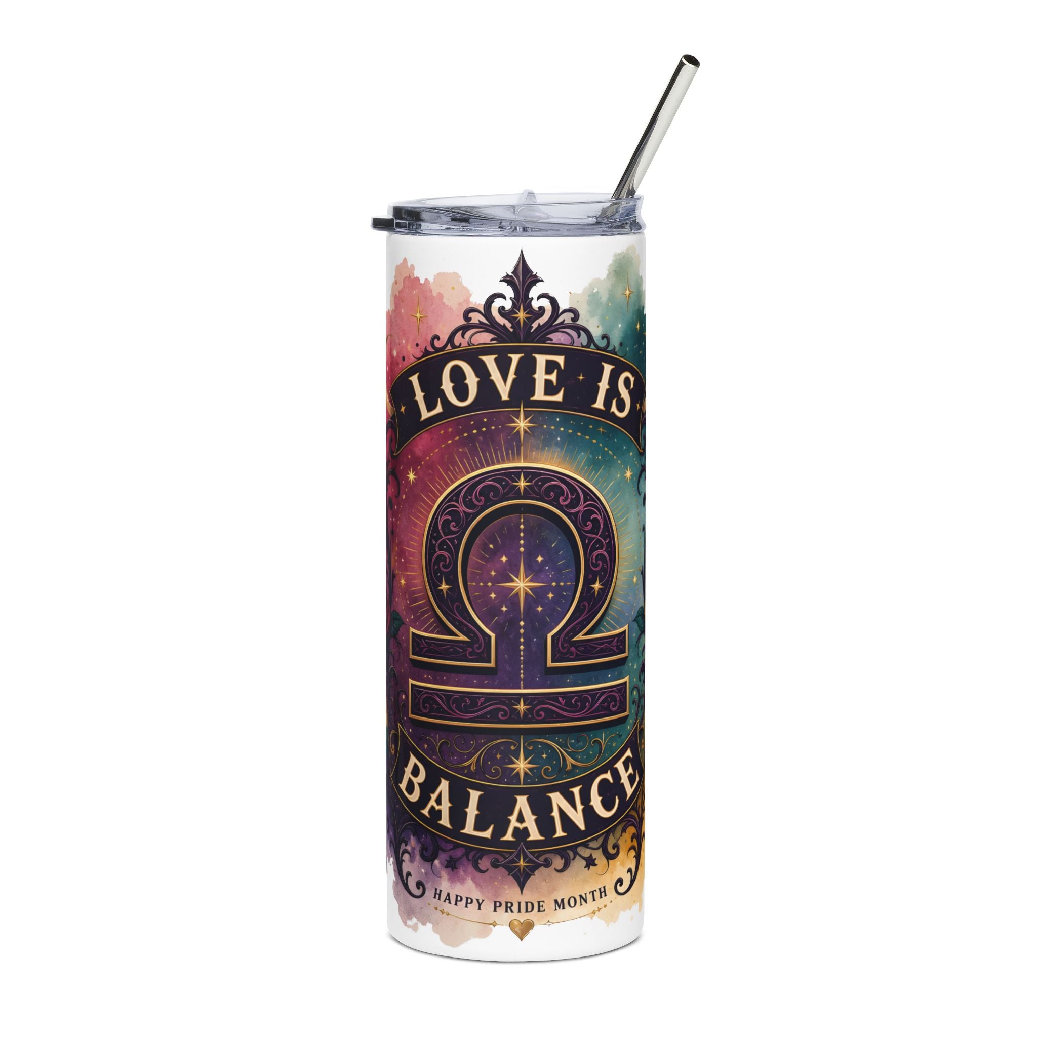Tumbler — "Love Is Balance" Rainbow Pride 20oz Stainless Steel Tumbler