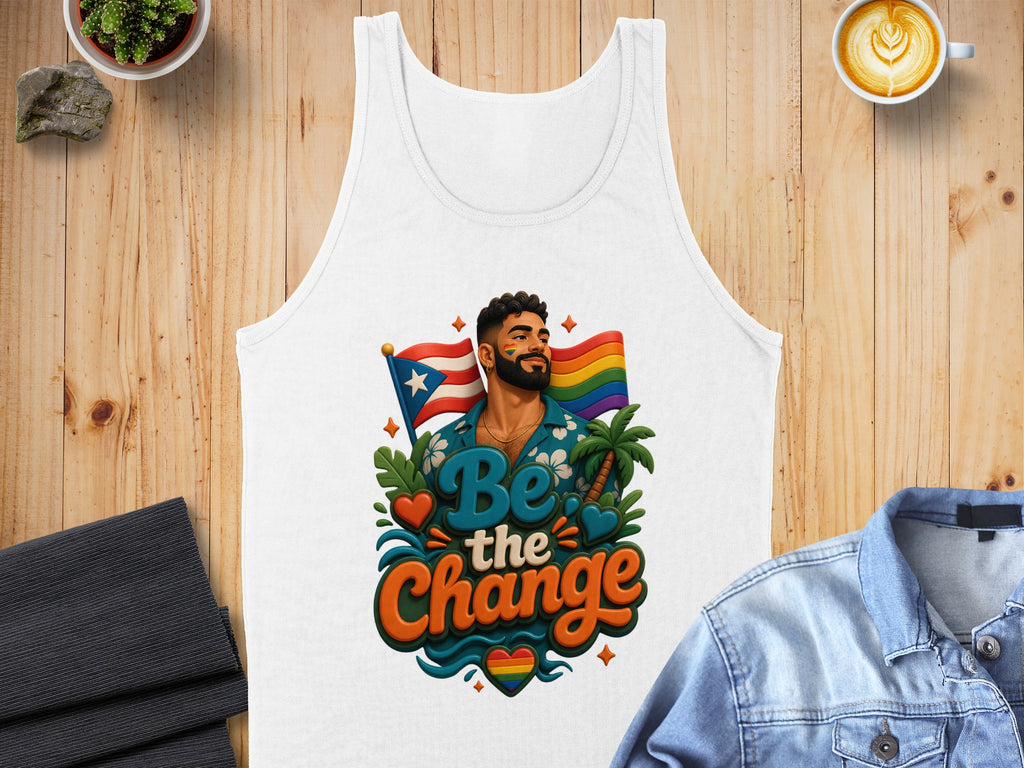 White tank top with "Be The Change" text, LGBTQ+ flag, and tropical imagery.