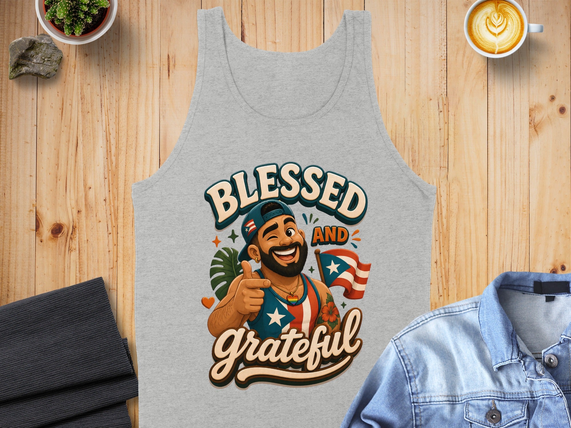 Grey tank top with "Blessed and Grateful" text and Puerto Rican flag design.
