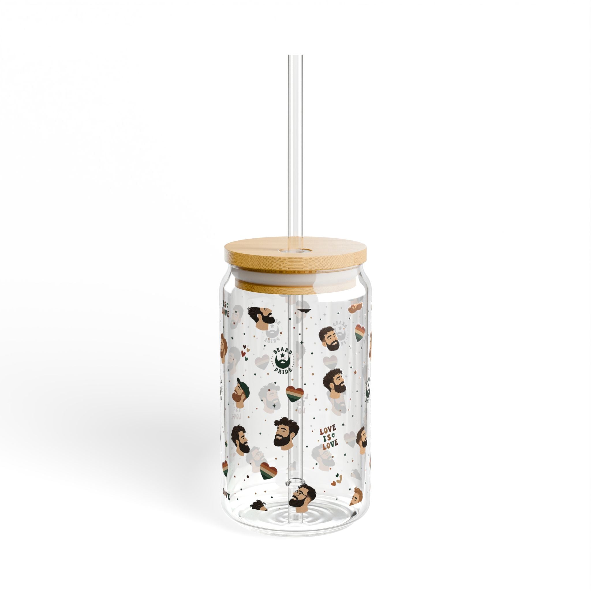 16oz Glass Sipper Tumbler with Bamboo Lid — 'Love is Love' Pride Face Pattern