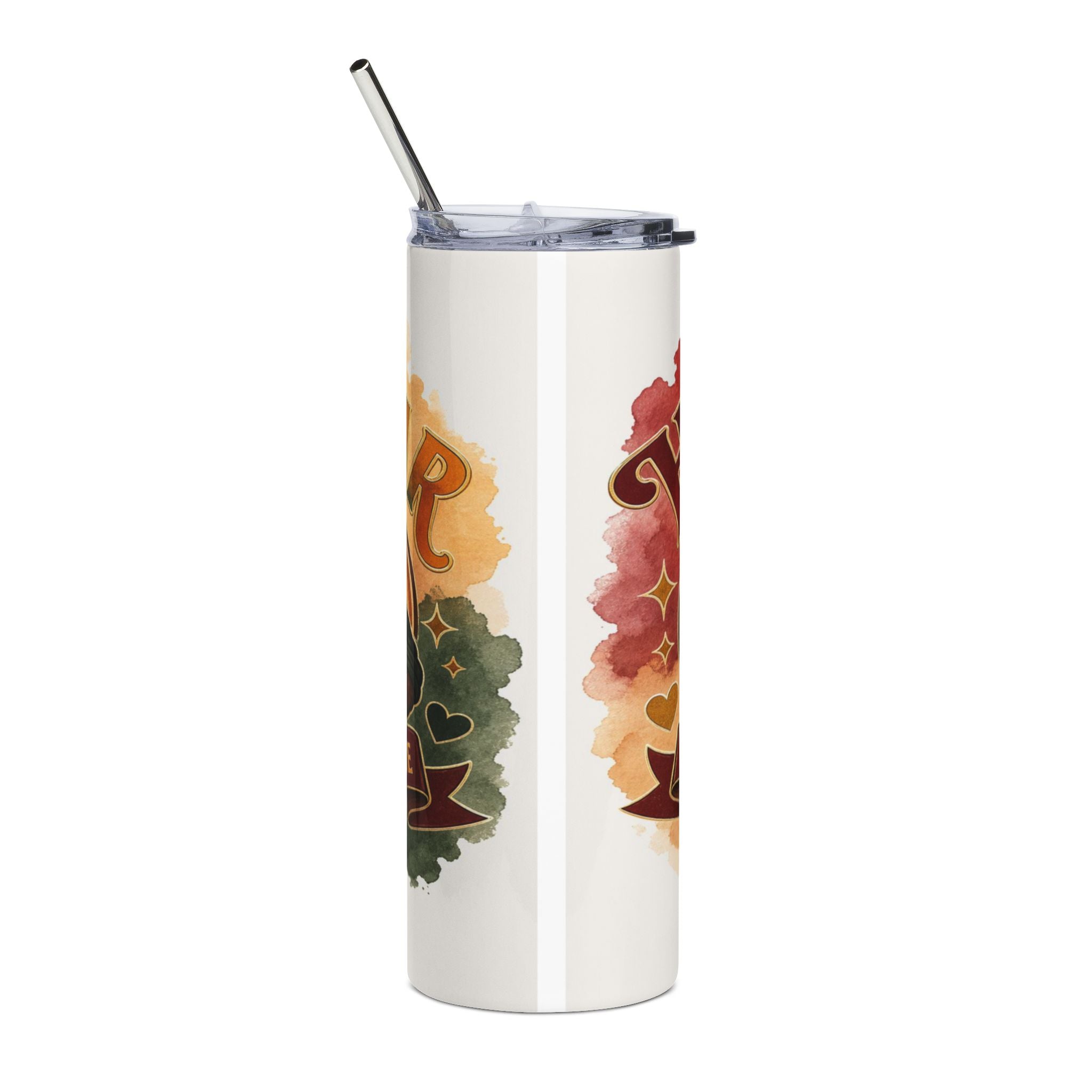 Tumbler with metallic straw and watercolor design featuring large ornate letters.