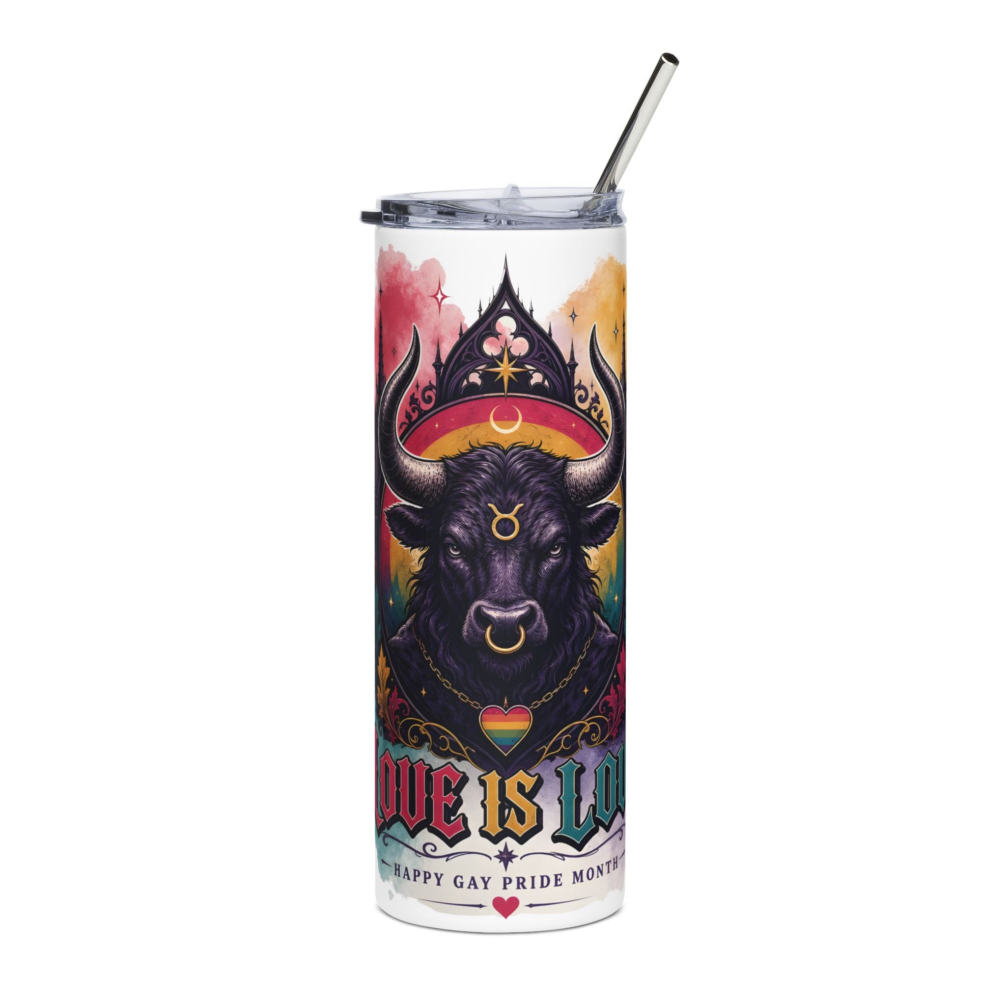 Pride Bull 20oz Stainless Tumbler — "Love Is Love" Rainbow Travel Cup