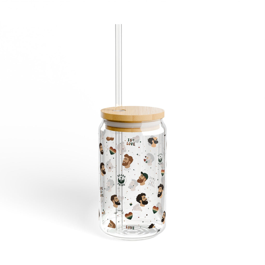 16oz Glass Sipper Tumbler with Bamboo Lid — 'Love is Love' Pride Face Pattern
