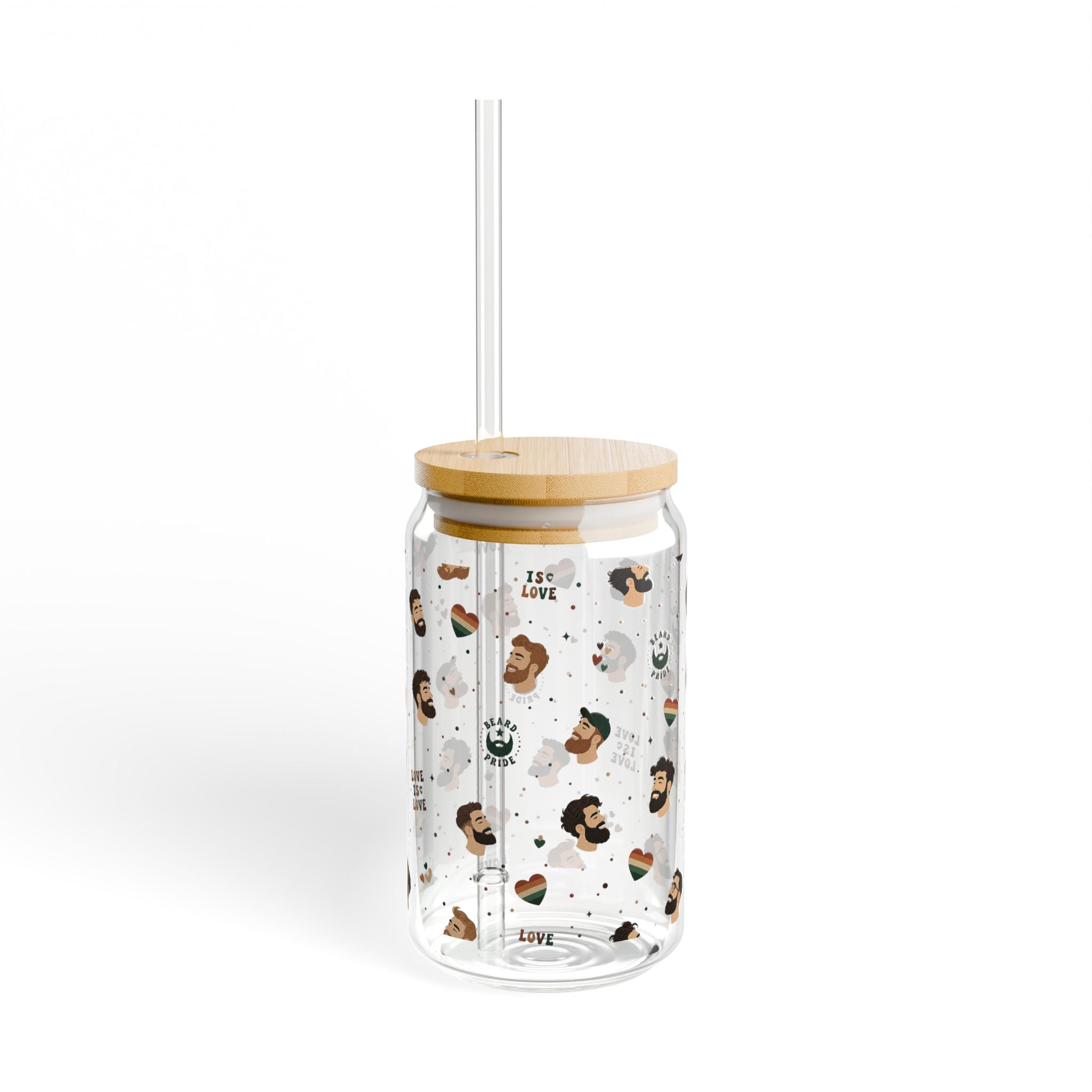 16oz Glass Sipper Tumbler with Bamboo Lid — 'Love is Love' Pride Face Pattern