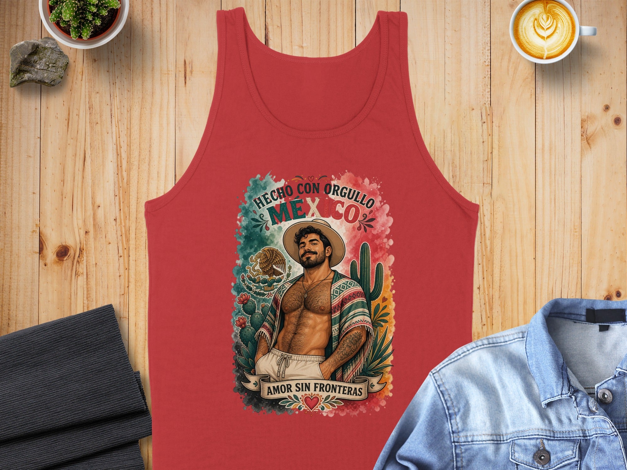Red tank top with "Hecho con Orgullo Mexico" and cactus graphic.