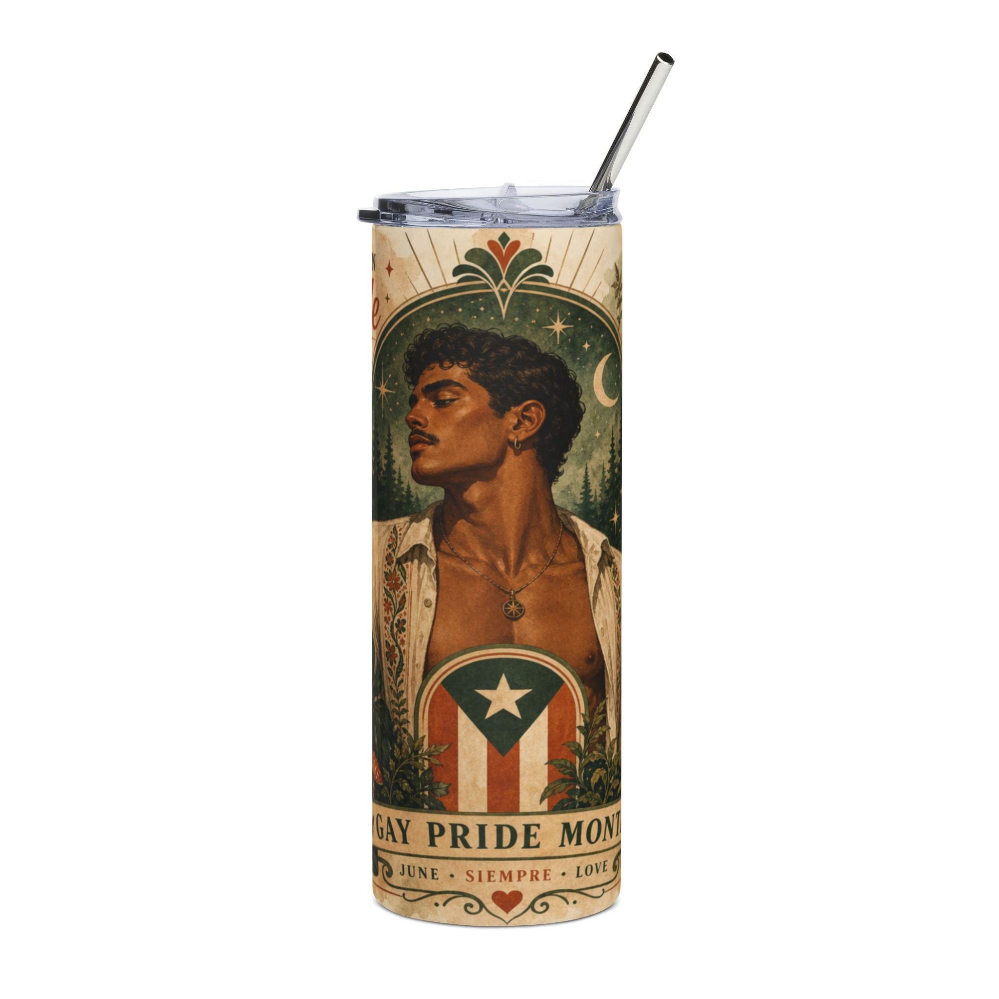 Man with Puerto Rican flag art on a tumbler with straw.