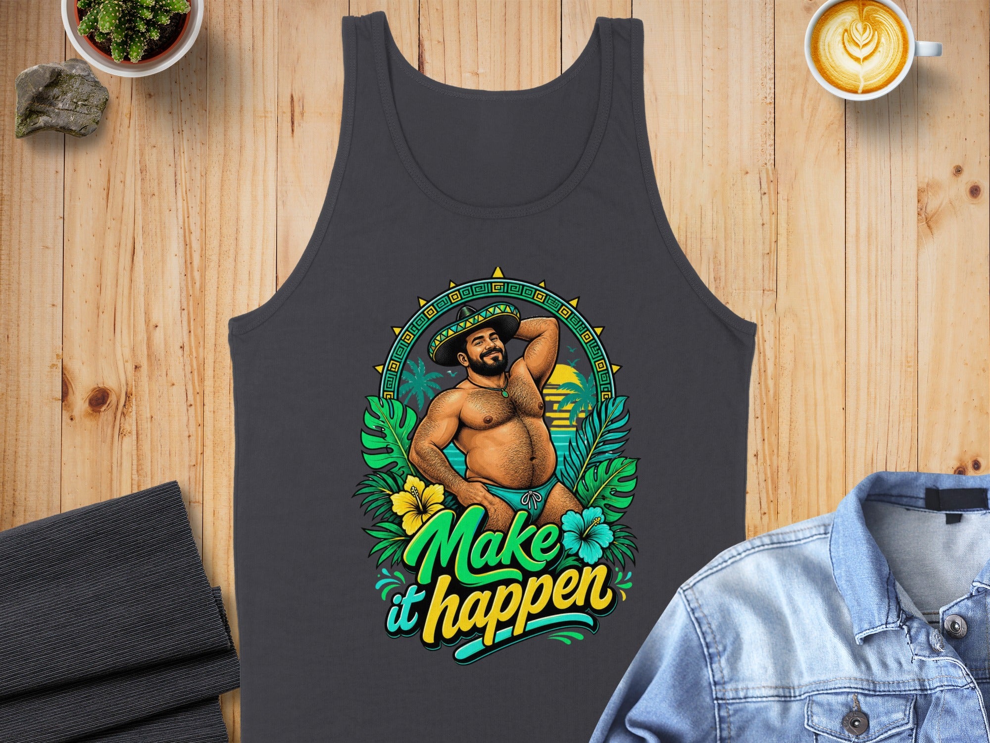 Dark gray tank top with "Make it happen" text and tropical-themed illustration.