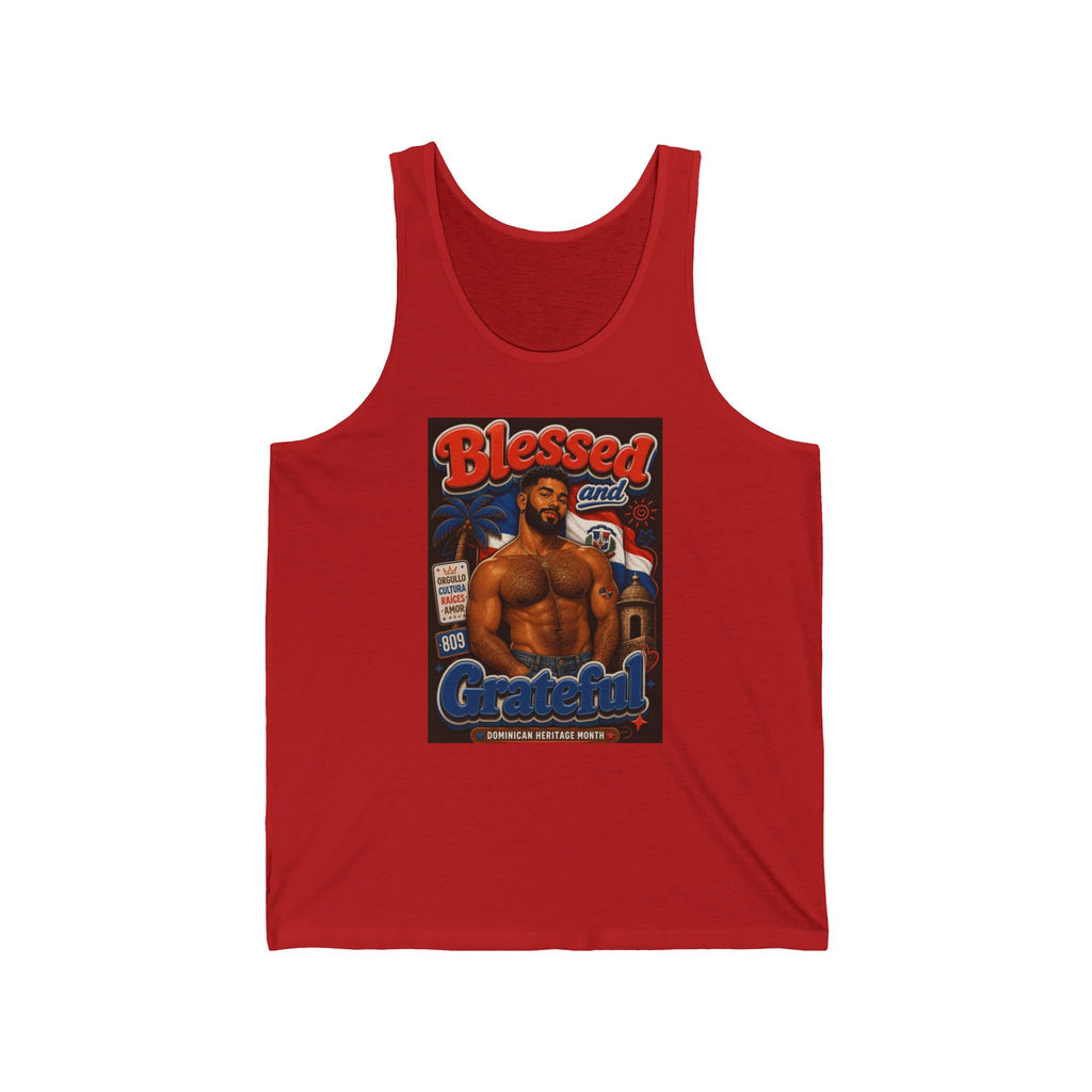 Tank top with man and Dominican Republic flag motifs, "Blessed and Grateful" text.
