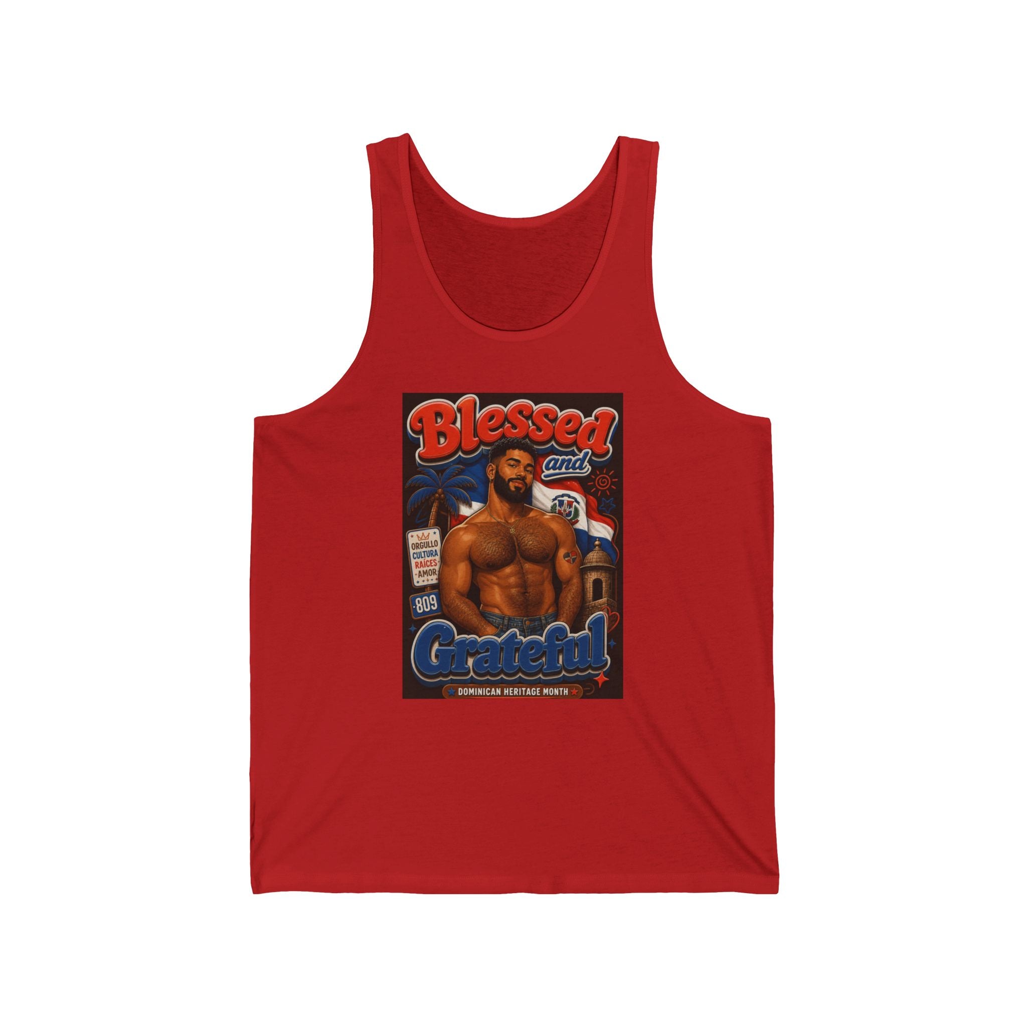 Tank top with man and Dominican Republic flag motifs, "Blessed and Grateful" text.