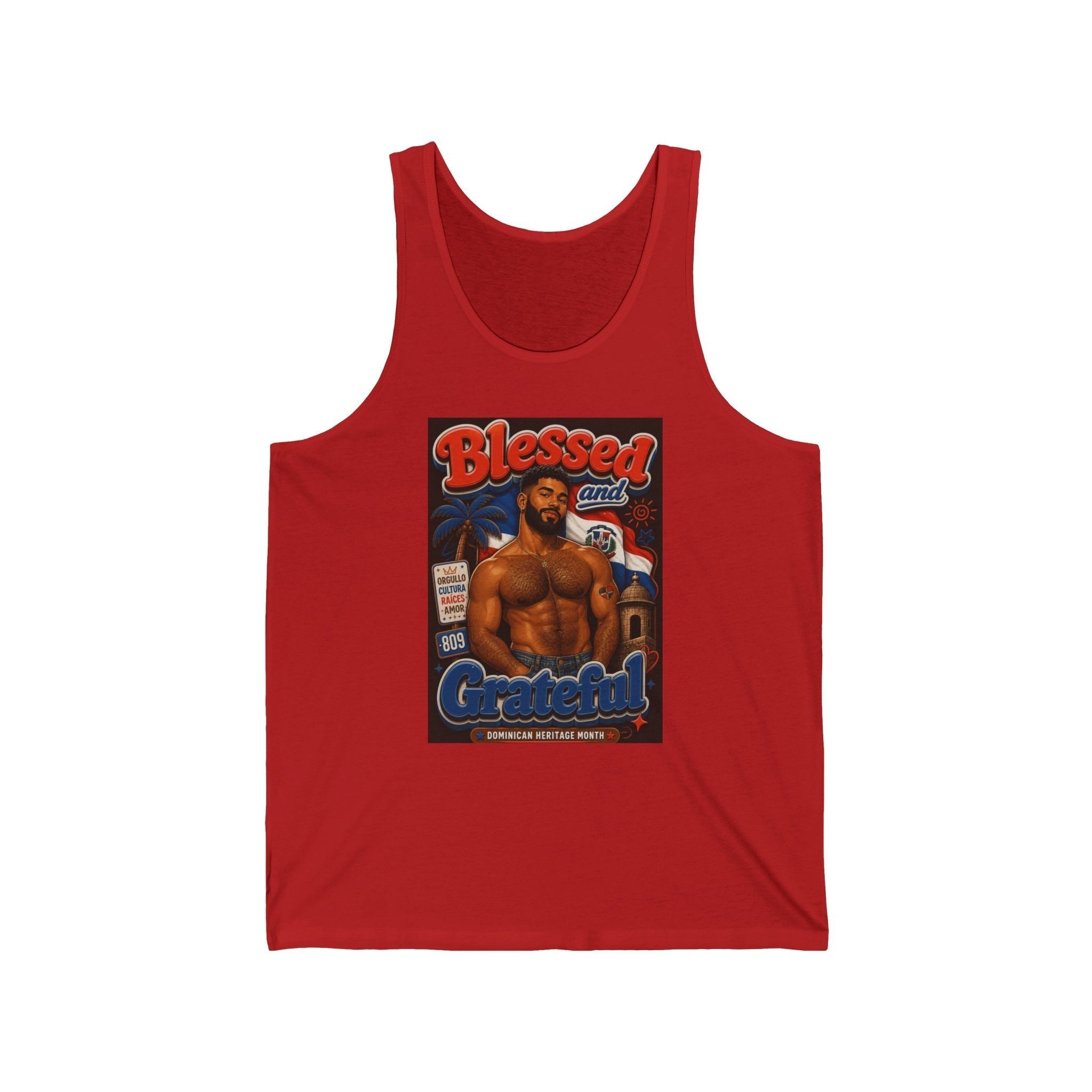 Tank top with man and Dominican Republic flag motifs, "Blessed and Grateful" text.