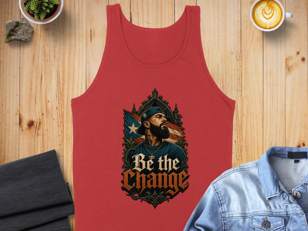 Red tank top with "Be the Change" and Puerto Rican flag graphic.