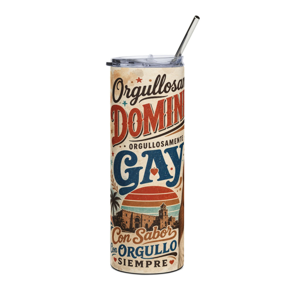 "Orgullosamente Gay" tumbler with a sunset over a building and palm trees.