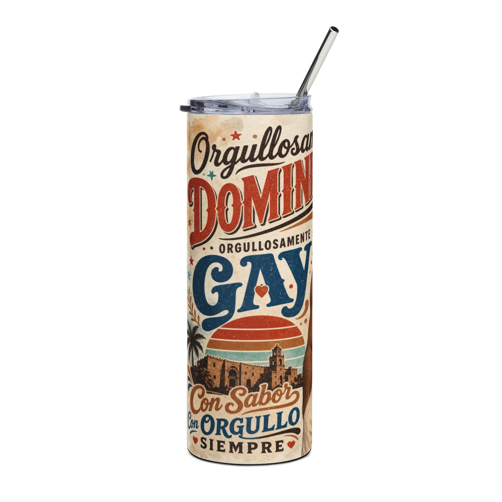 "Orgullosamente Gay" tumbler with a sunset over a building and palm trees.