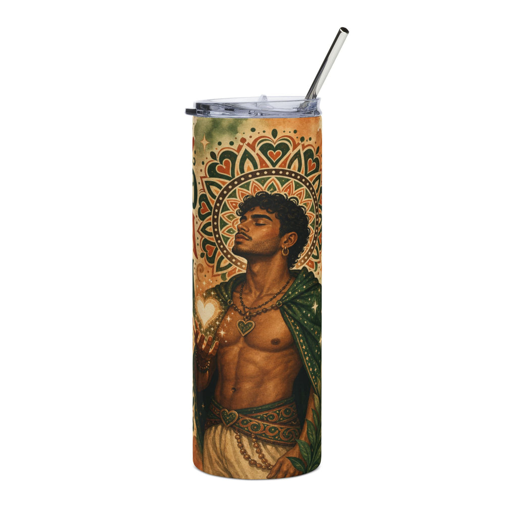 Tattooed man with heart and intricate circular design on a patterned tumbler.