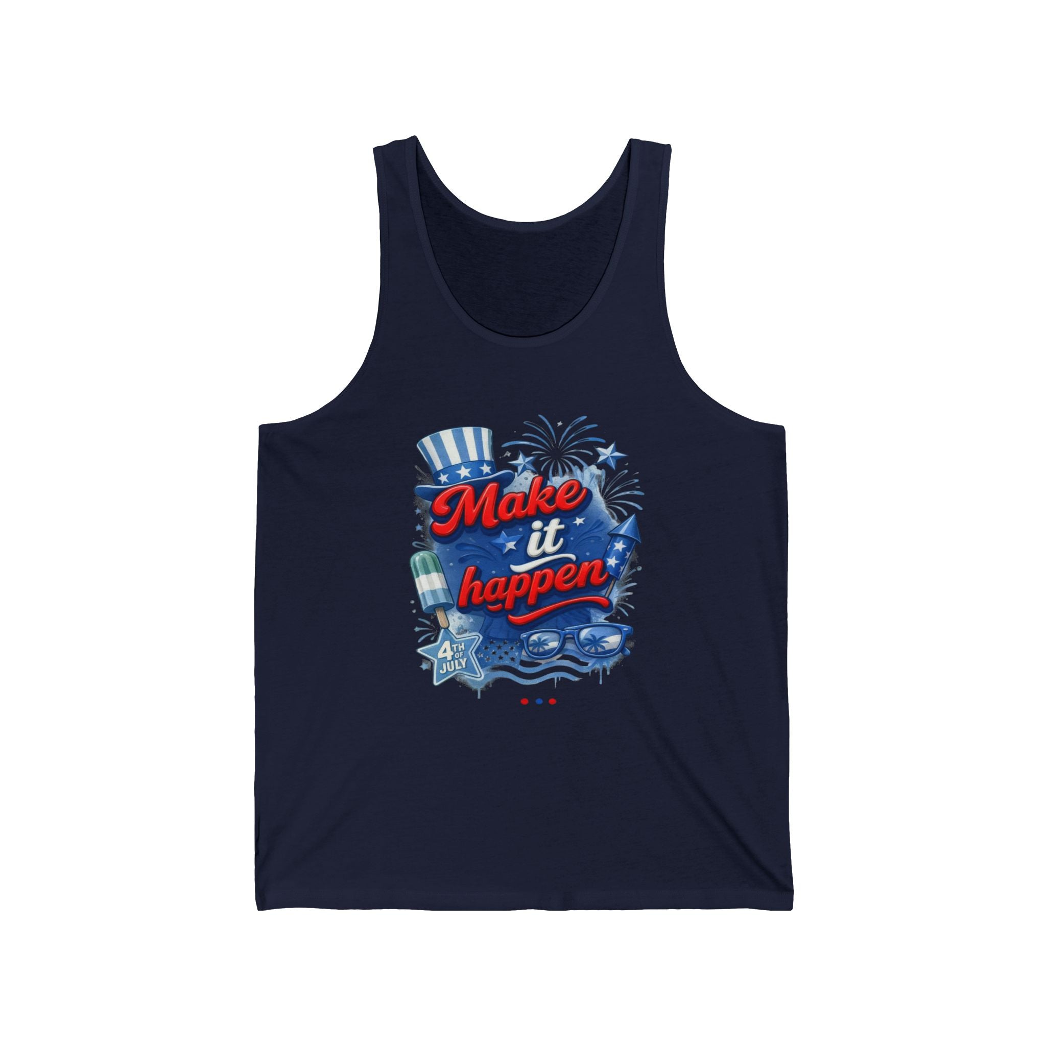 Navy tank top with "Make it happen 4th of July" graphic and patriotic elements.