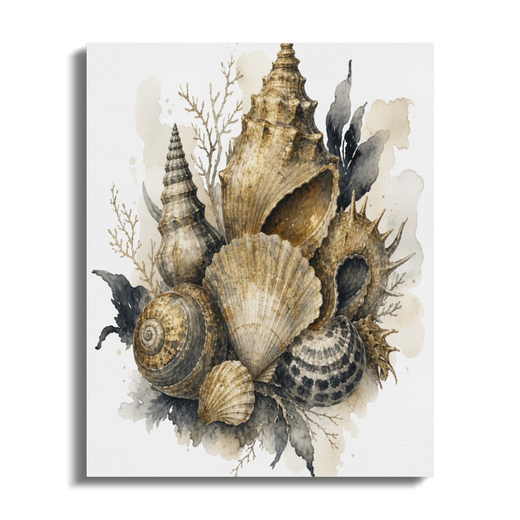 Watercolor illustration of various seashells and dried seaweed on a light background.
