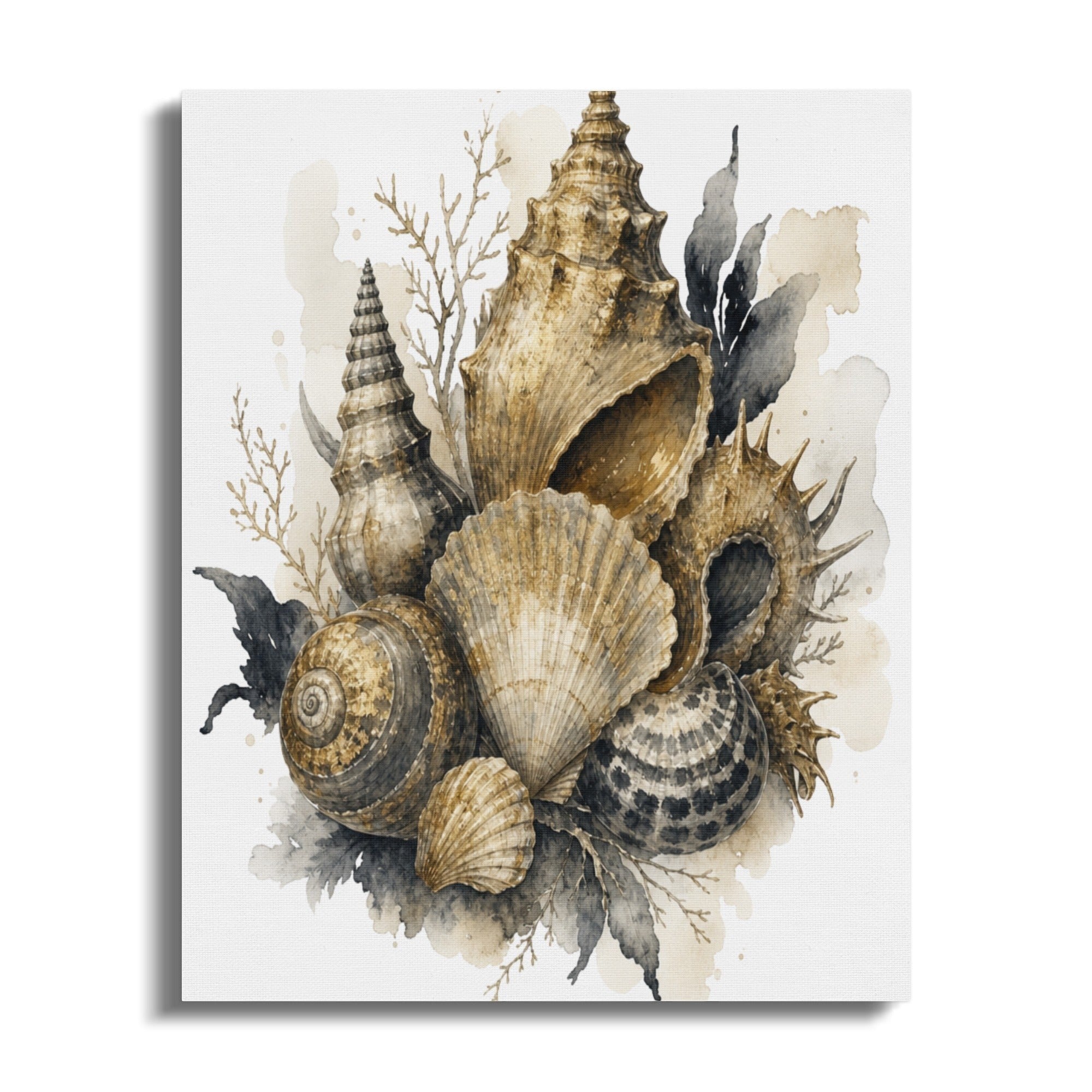Watercolor illustration of various seashells and dried seaweed on a light background.