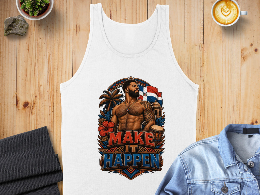White tank top with muscular man, Dominican flag, and "MAKE IT HAPPEN" text.