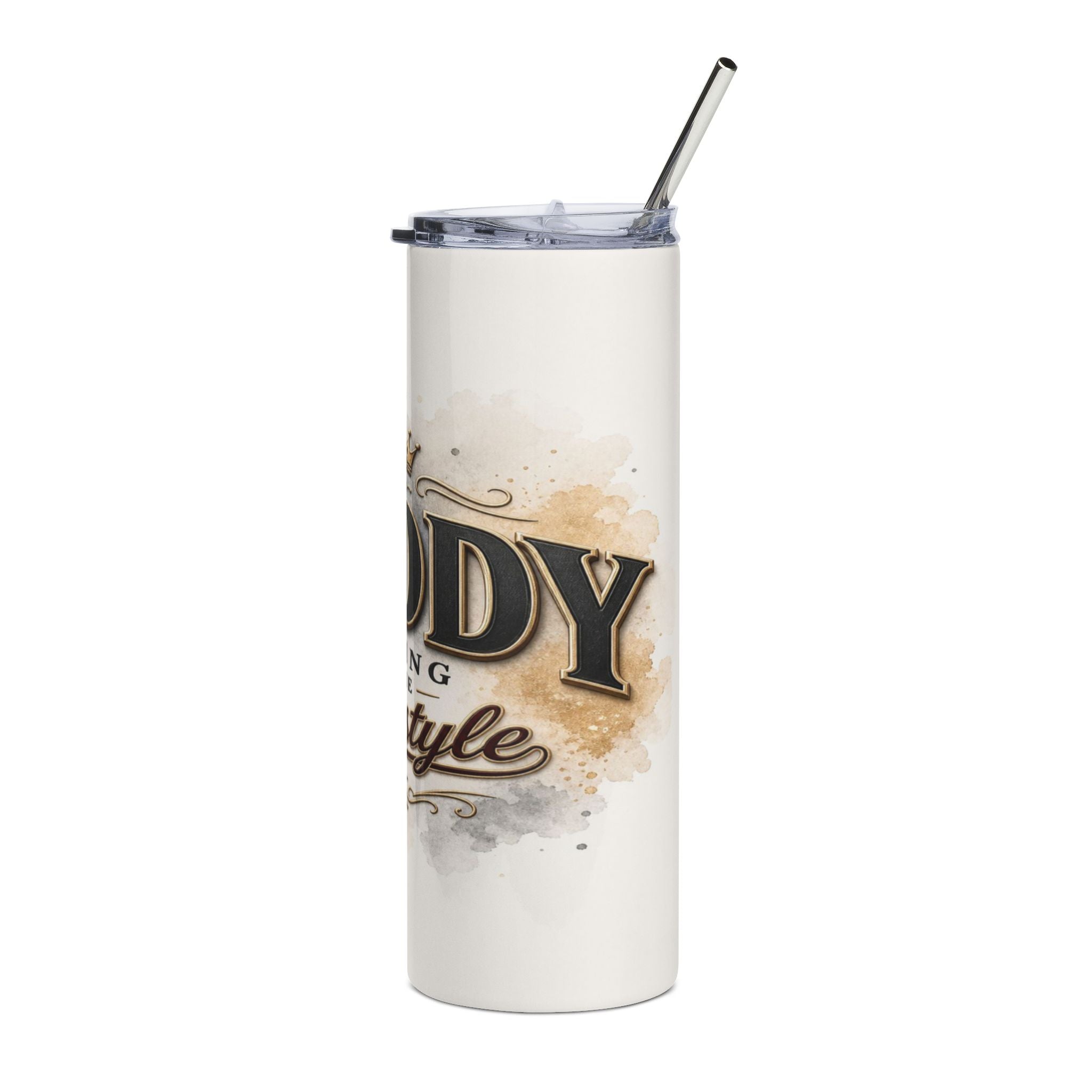White tumbler with "Daddy" and "style" text and watercolor splashes.