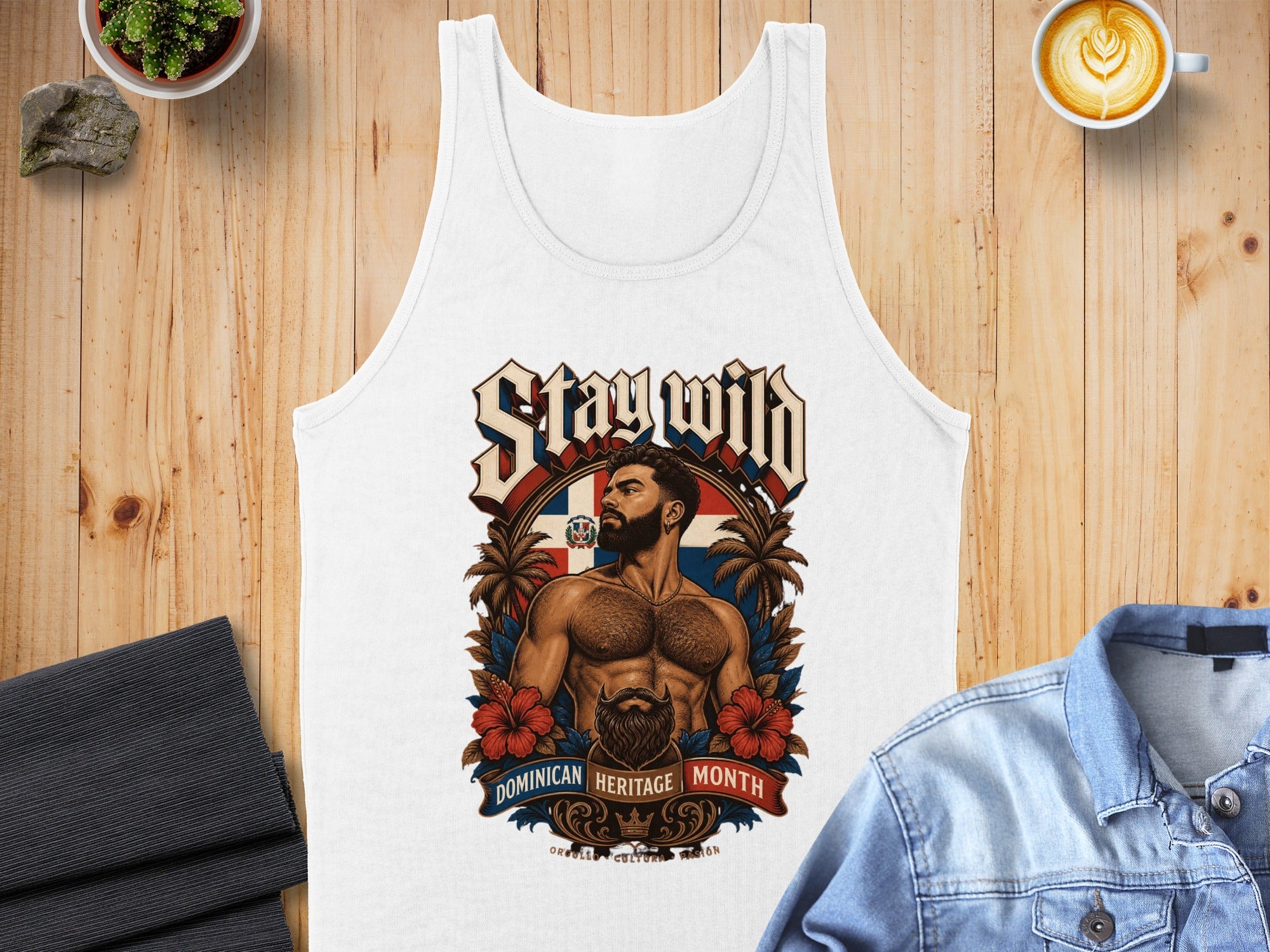 White tank top with "Stay Wild Dominican Heritage Month" graphic and man.