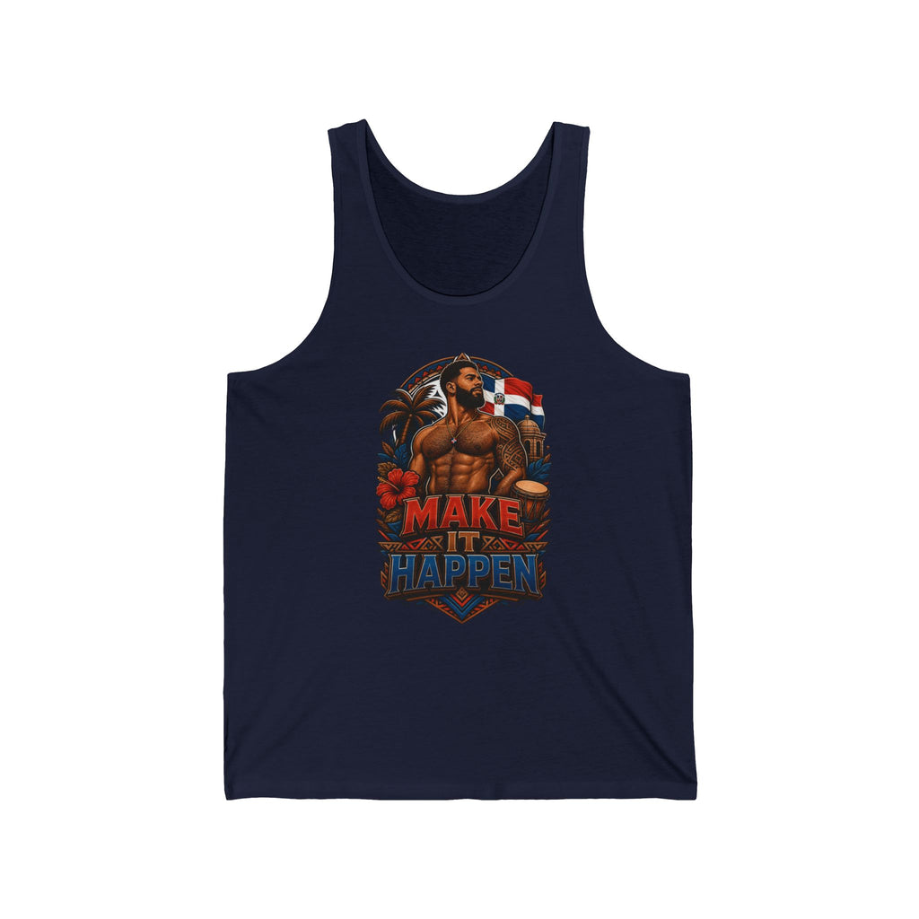 Man in tank top with "MAKE IT HAPPEN" text and Dominican flag imagery.