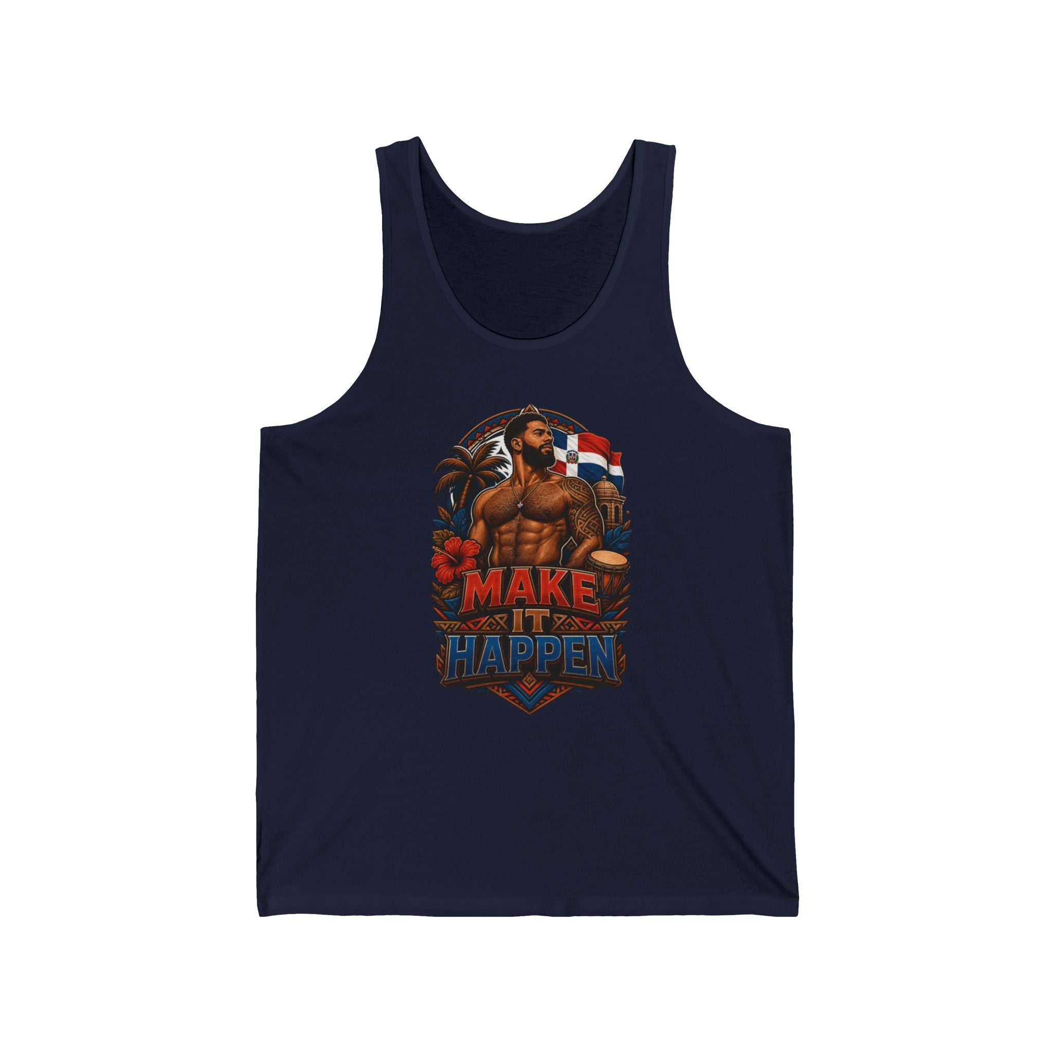 Man in tank top with "MAKE IT HAPPEN" text and Dominican flag imagery.