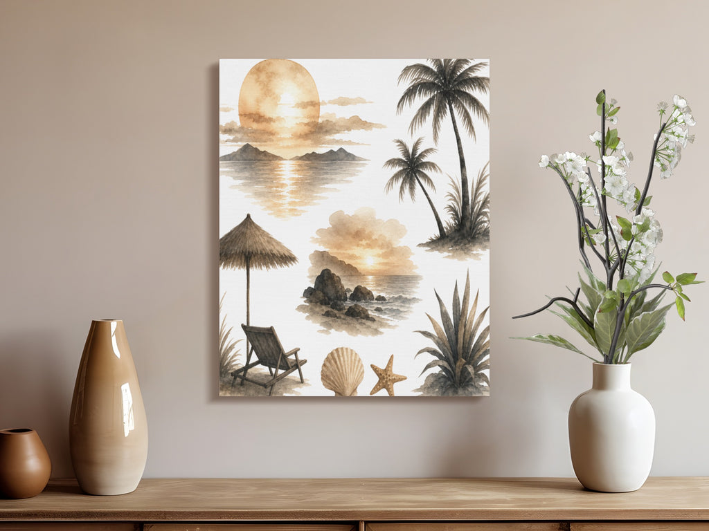 Watercolor beach scene collage with sun, waves, palm trees, chair, and shell.