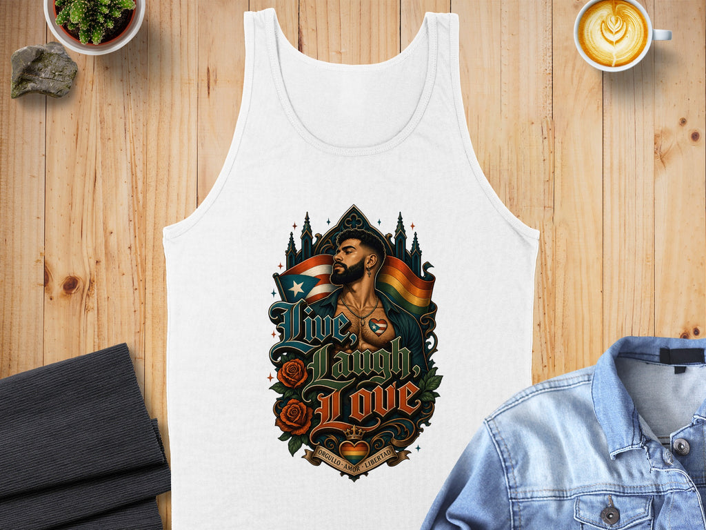 White tank top with "Live, Laugh, Love" and rainbow flag design featuring a man.