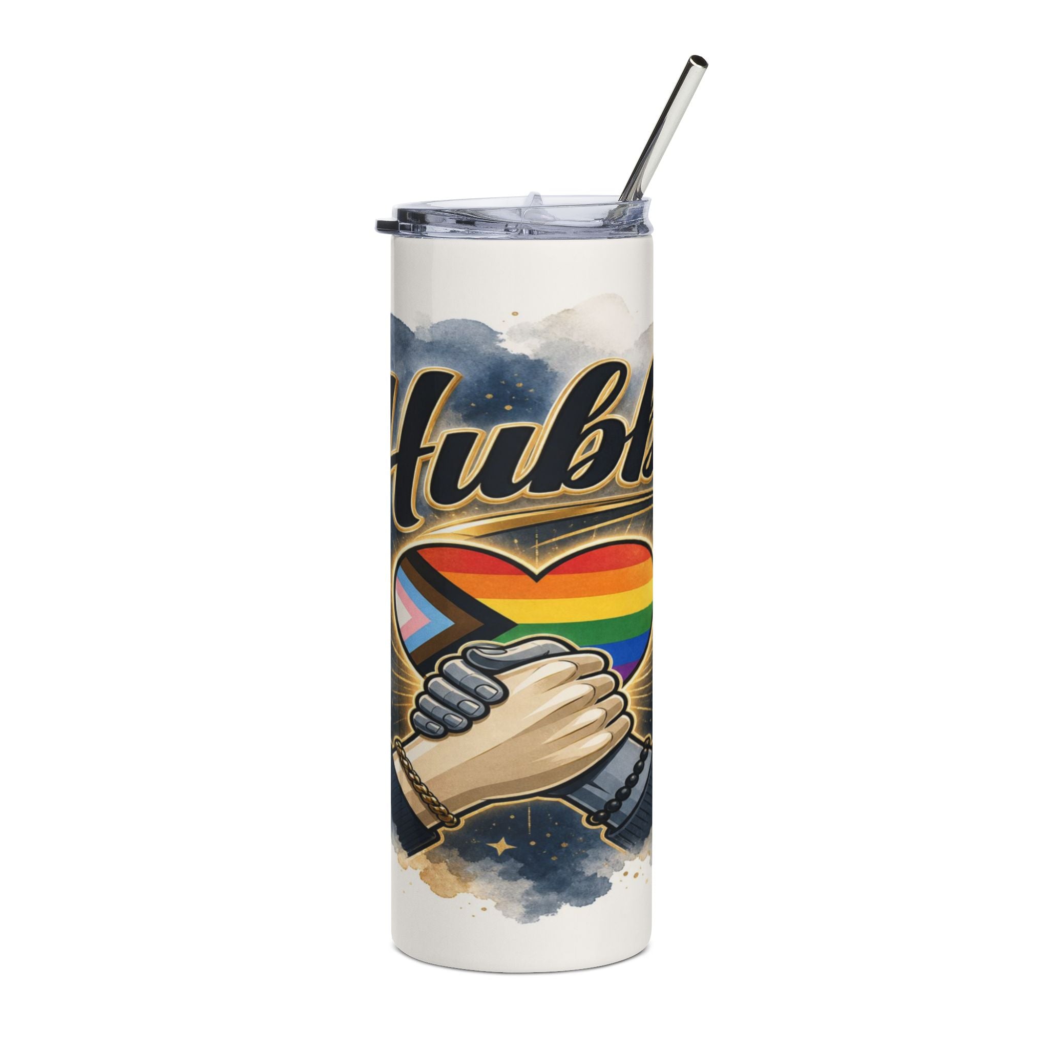 White tumbler with "Hubbl" text, a rainbow heart, and clasped hands.