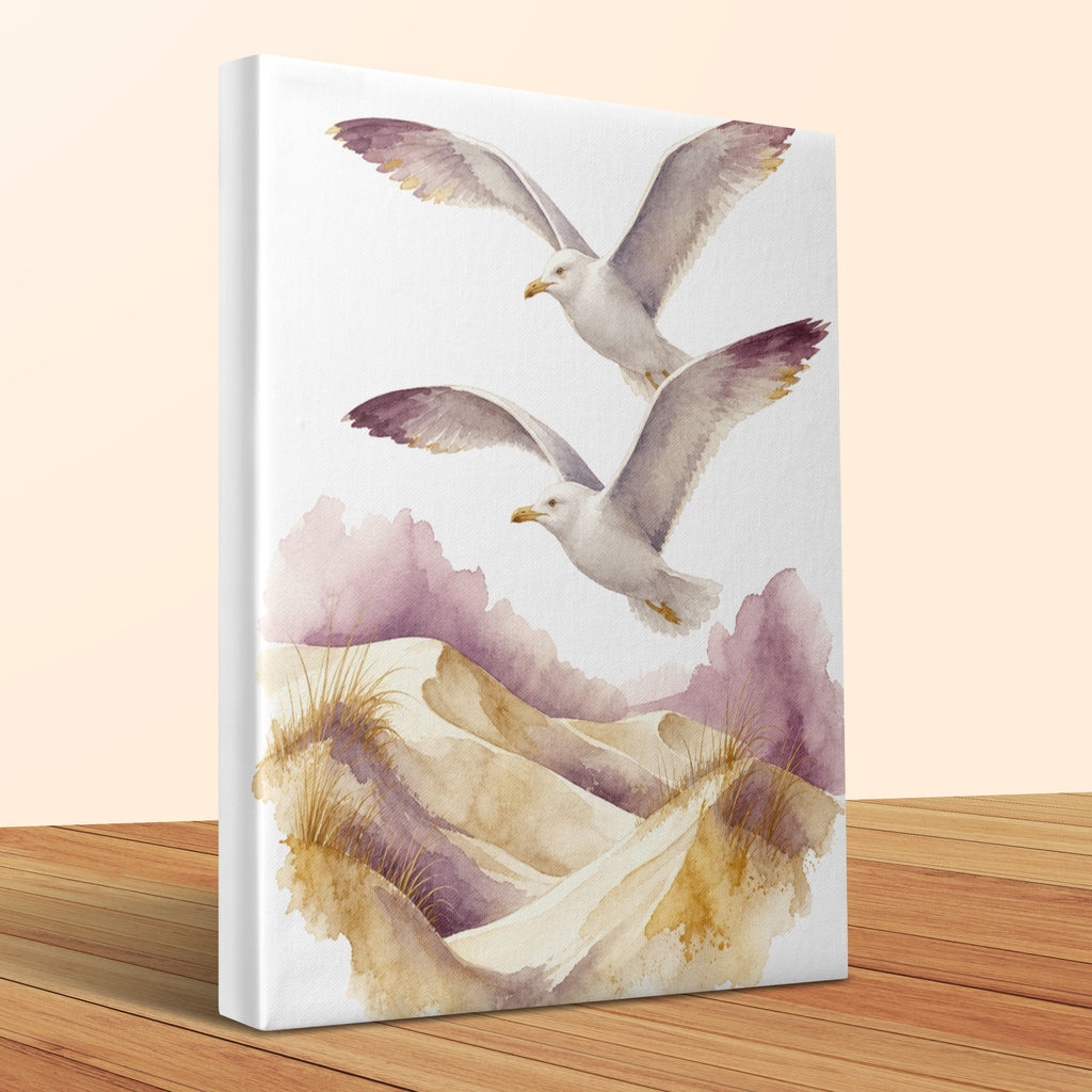 Watercolor painting of two seagulls flying over sand dunes with purple accents.