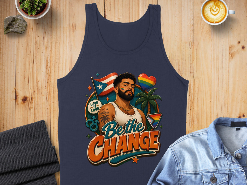 Navy tank top with LGBTQ+ pride flag, man graphic, and "Bethe Change" text.