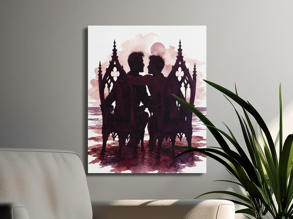 Watercolor painting of two figures in silhouette embracing, seated in ornate chairs under a moonlit sky.