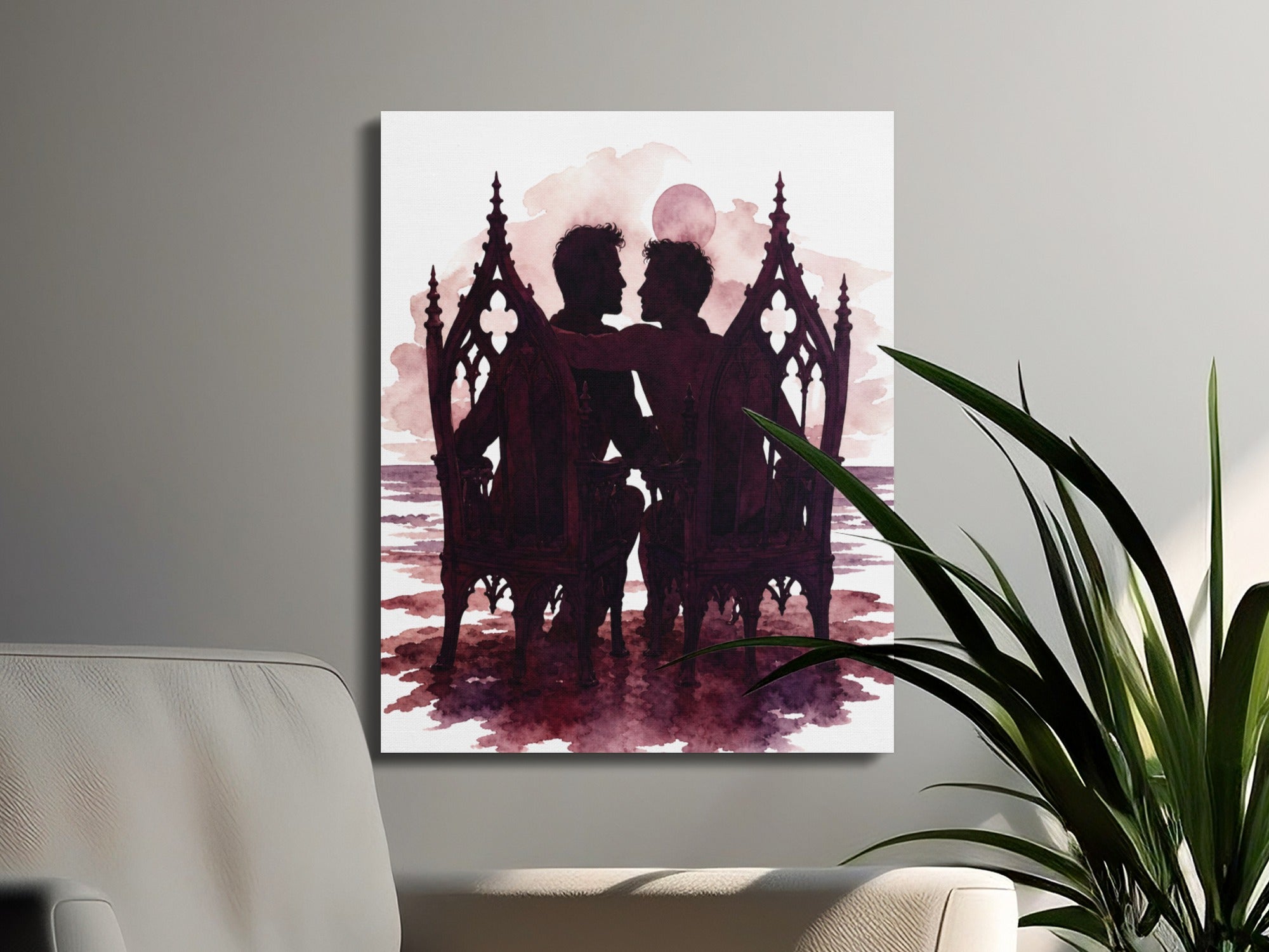 Watercolor painting of two figures in silhouette embracing, seated in ornate chairs under a moonlit sky.