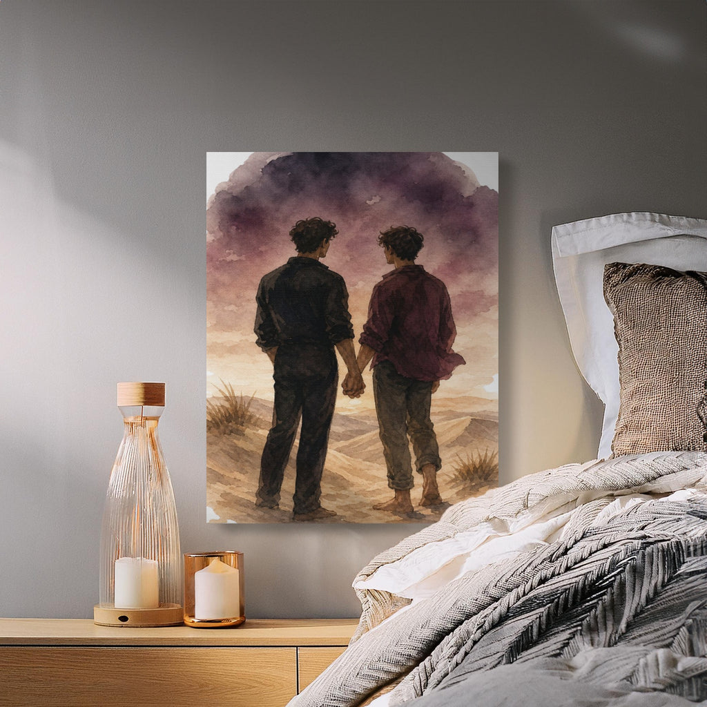 Watercolor painting of two men holding hands standing in a desert landscape.