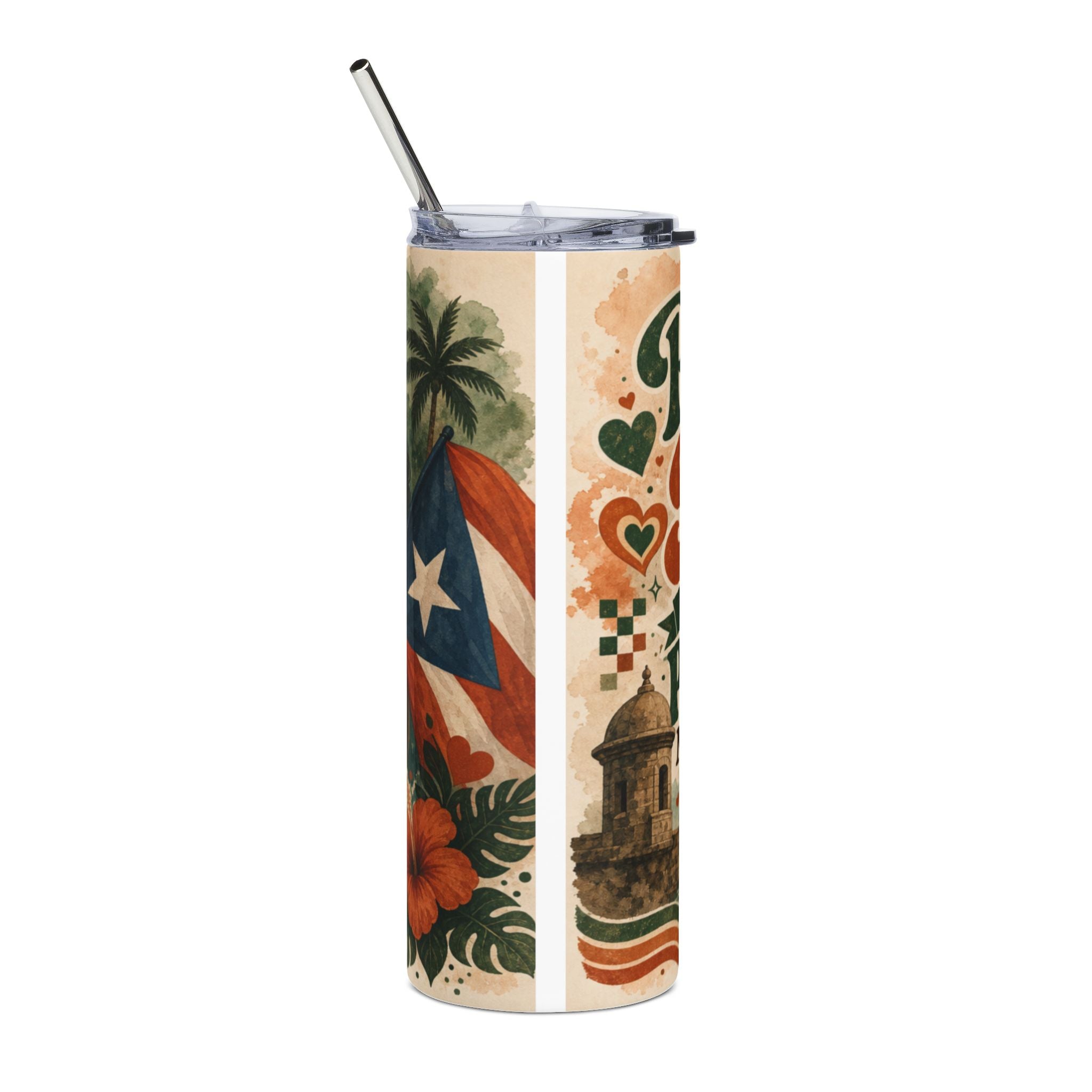 Puerto Rican flag, fort, and tropical flowers decorate a reusable tumbler.
