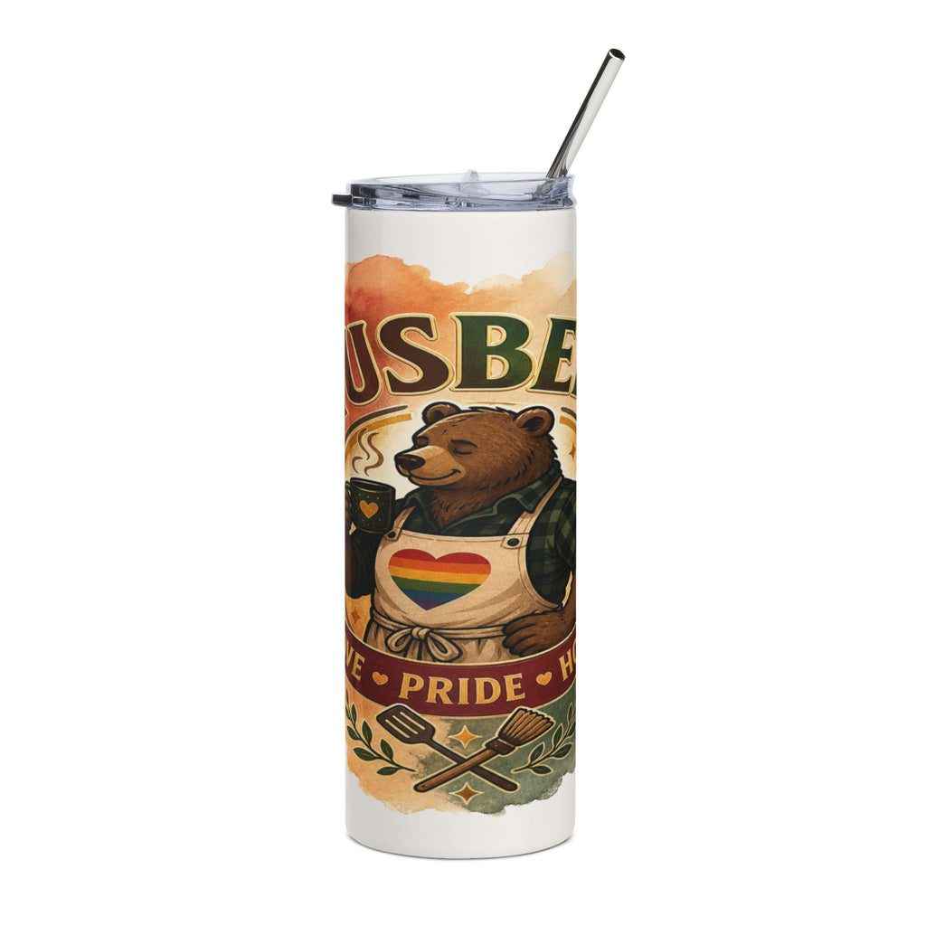 Tumbler with cartoon bear wearing apron with rainbow heart, holding coffee cup.