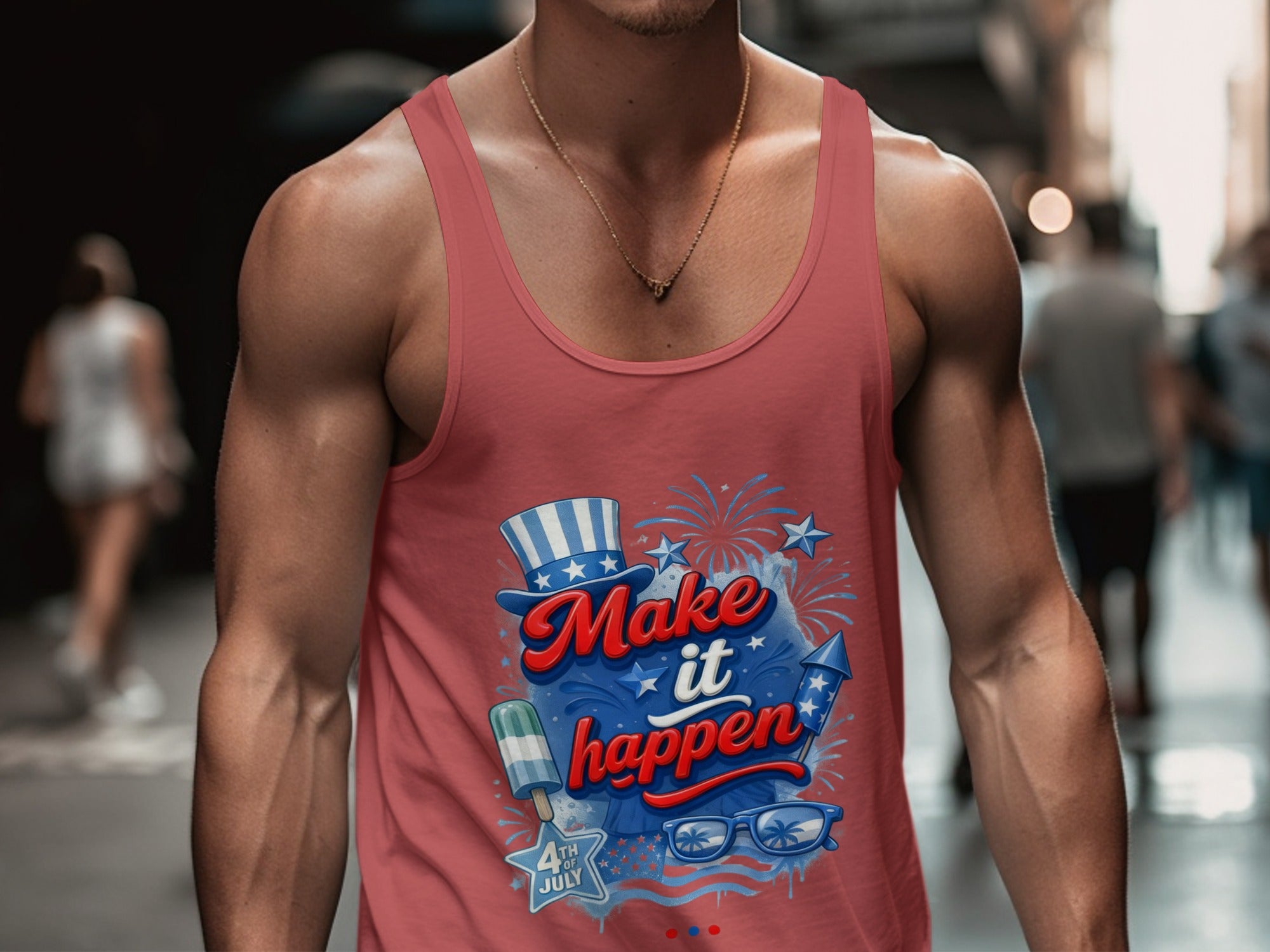 Tank top with "Make it happen" text and 4th of July graphic elements.