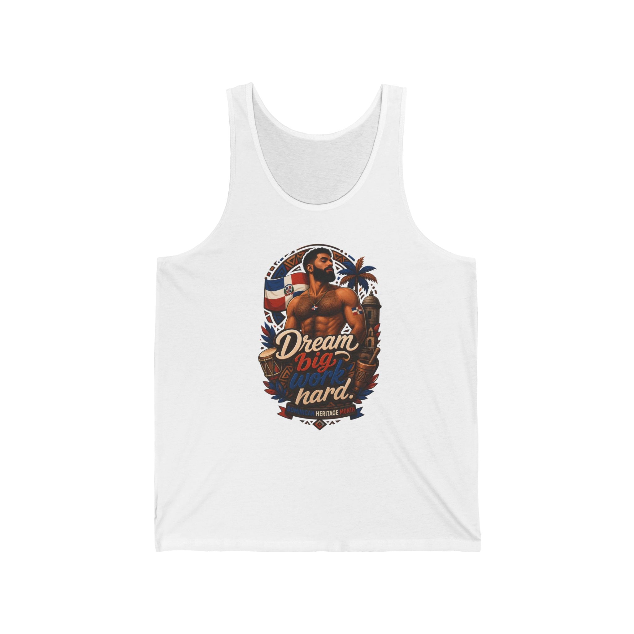Man wearing a tank top with "Dream Big Work Hard" and flag graphic.