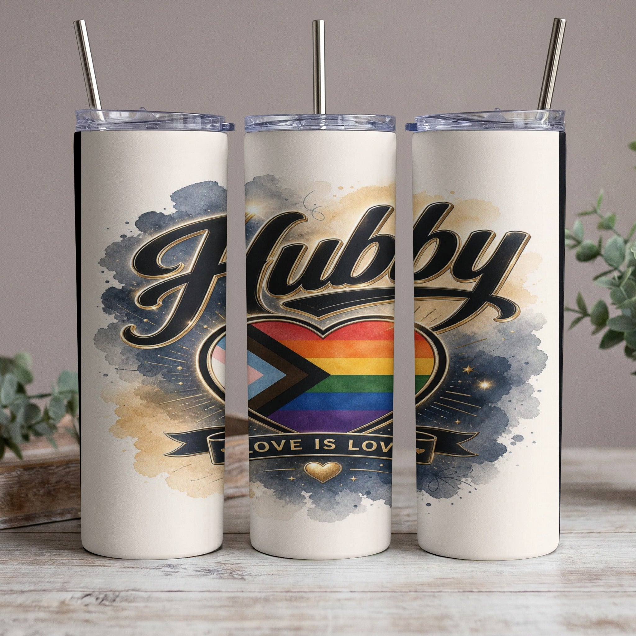 Three tumblers with "Hubby" text, LGBTQ+ heart, and "Love is Love" message.