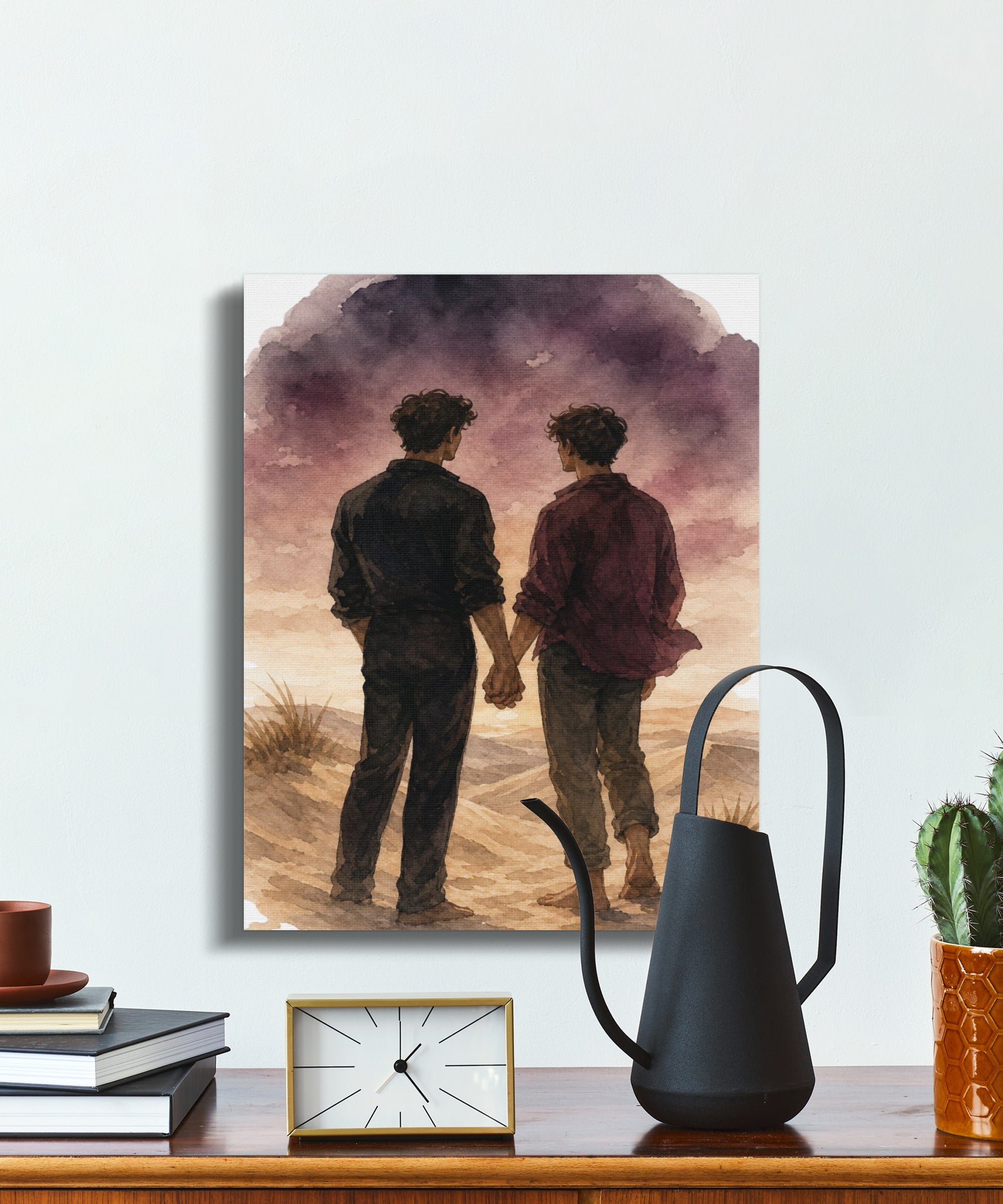 Watercolor painting of two men holding hands in a desert landscape.