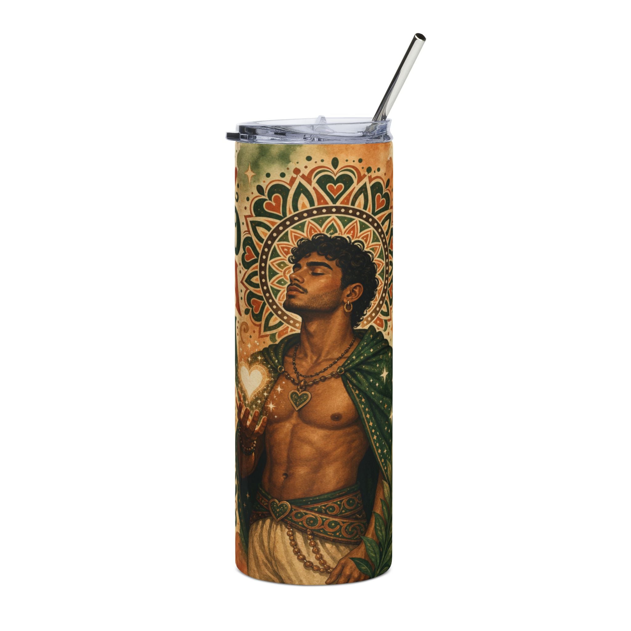 Man holding heart, adorned with cape and jewelry, on patterned tumbler.