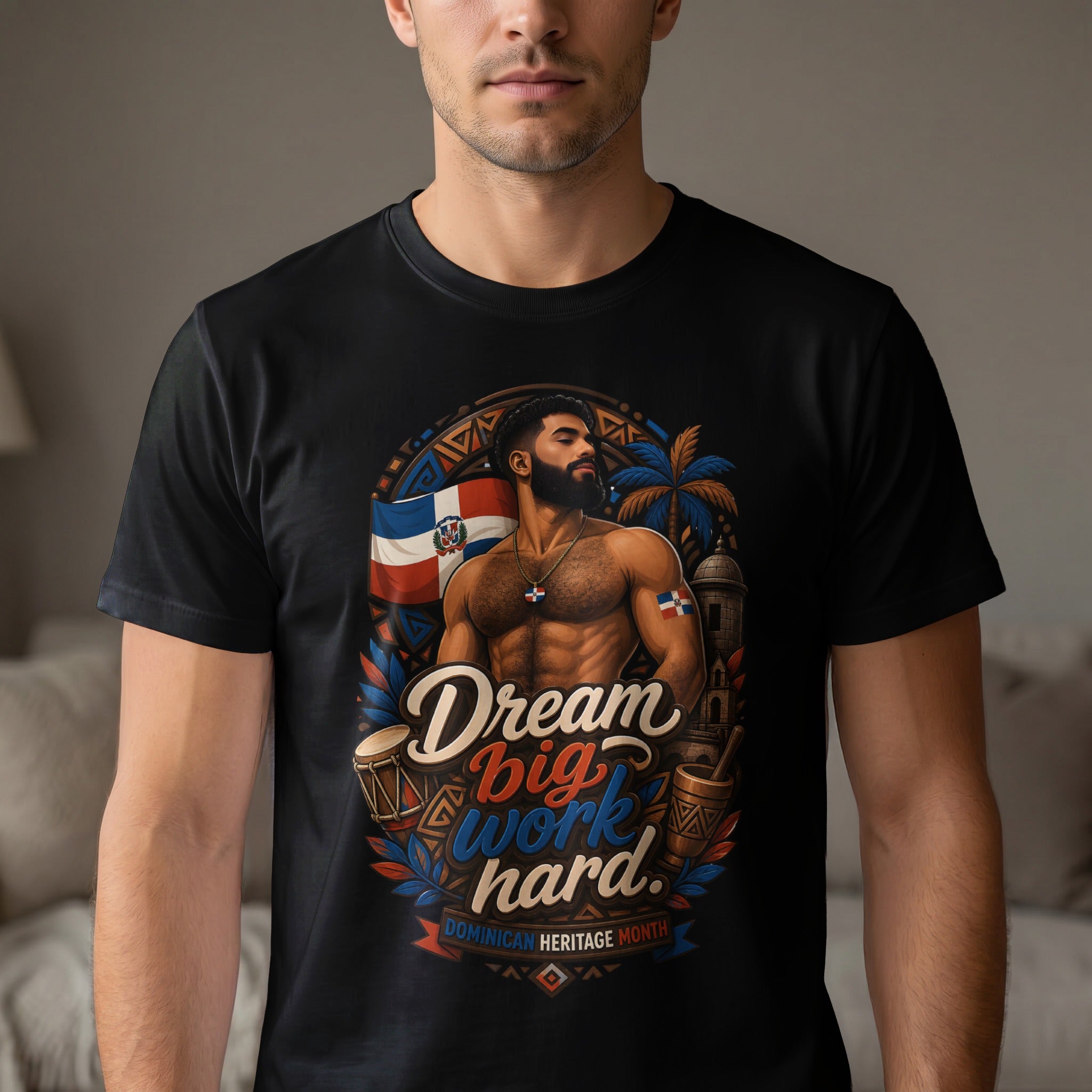 T-shirt with Dominican flag, man, drums, and text "Dream big work hard".