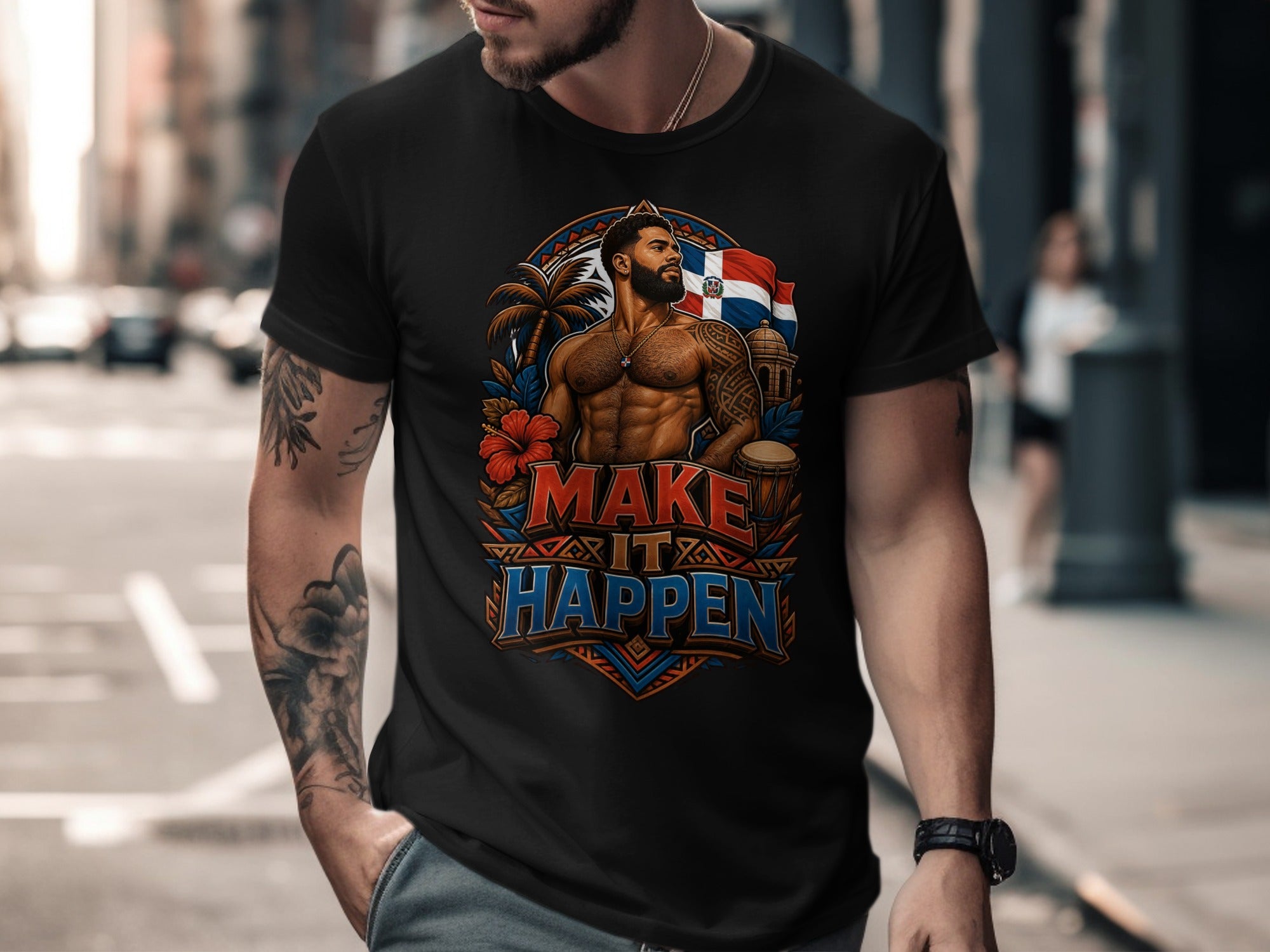 Black t-shirt with "MAKE IT HAPPEN" and a Dominican flag motif.