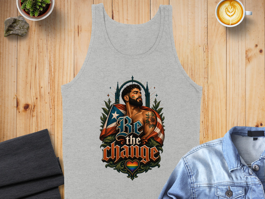 Gray tank top featuring a man with a flag, rainbow heart, and "Be the Change" text.
