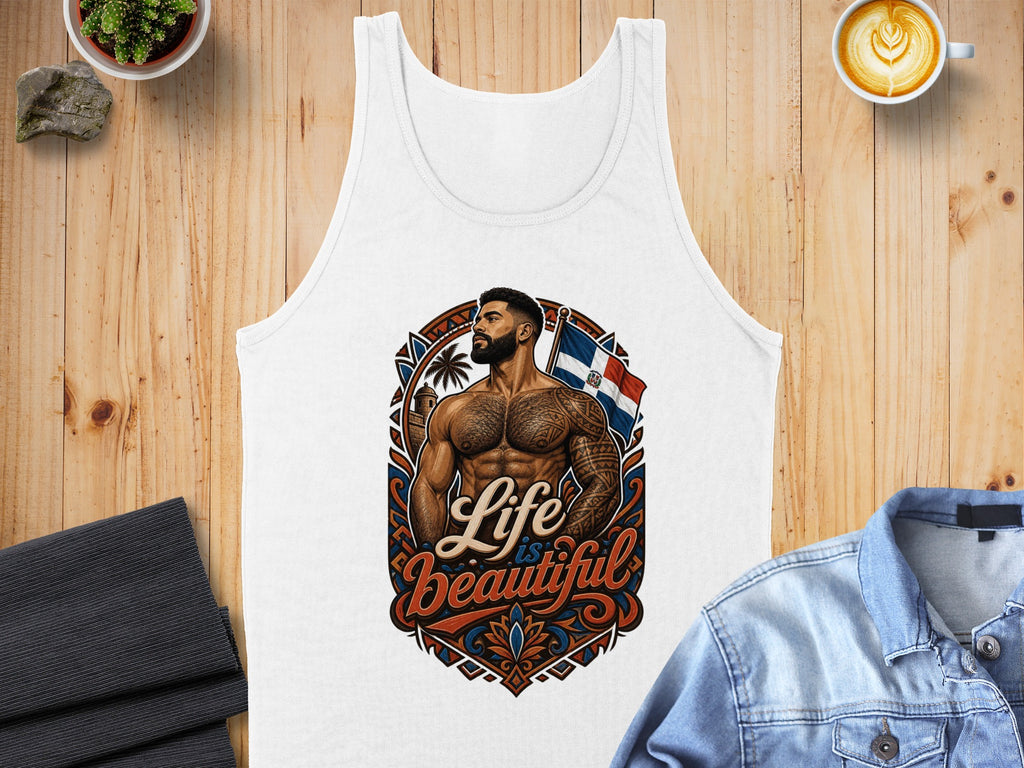 White tank top featuring a muscular man with tattoos, Dominican flag, and "Life is Beautiful" text.