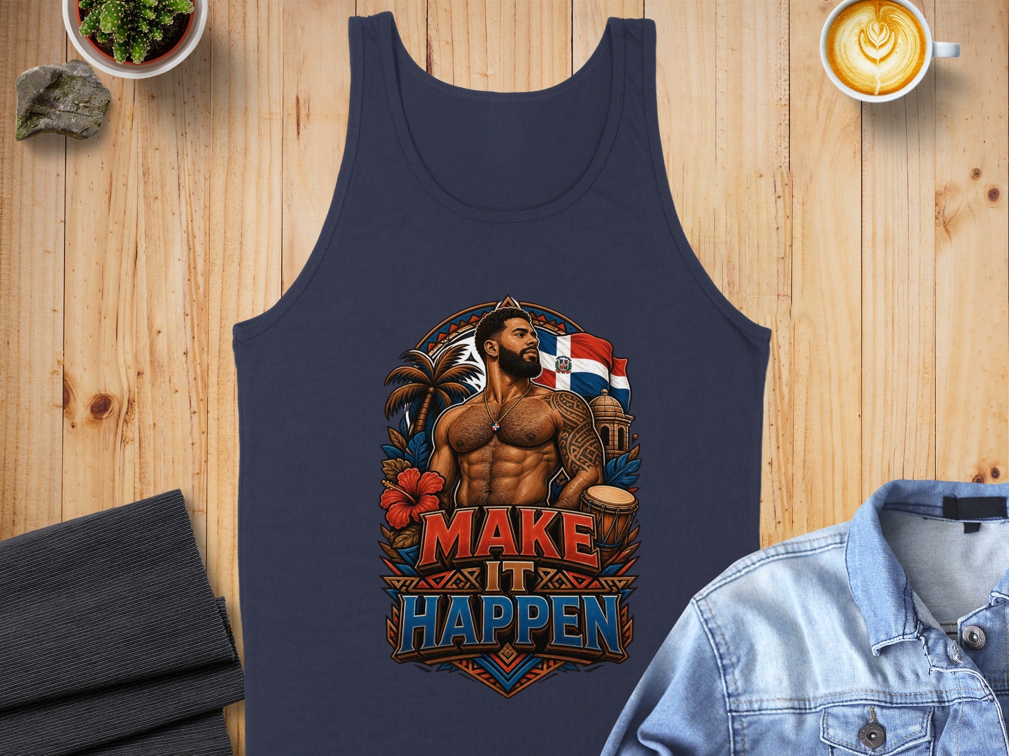 Navy tank top with a muscular man, Dominican flag, and "Make It Happen" text.