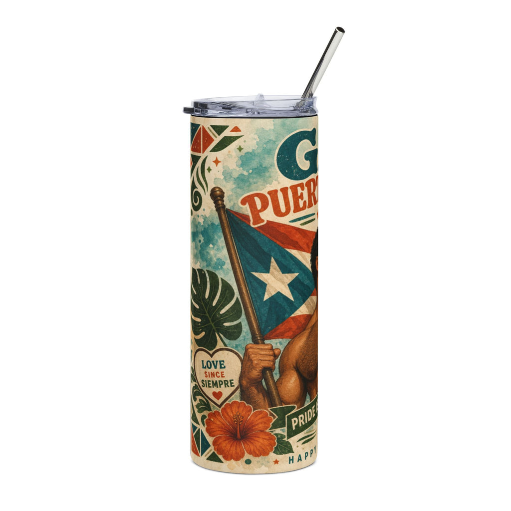 Puerto Rican flag and hibiscus flower design on a tumbler.