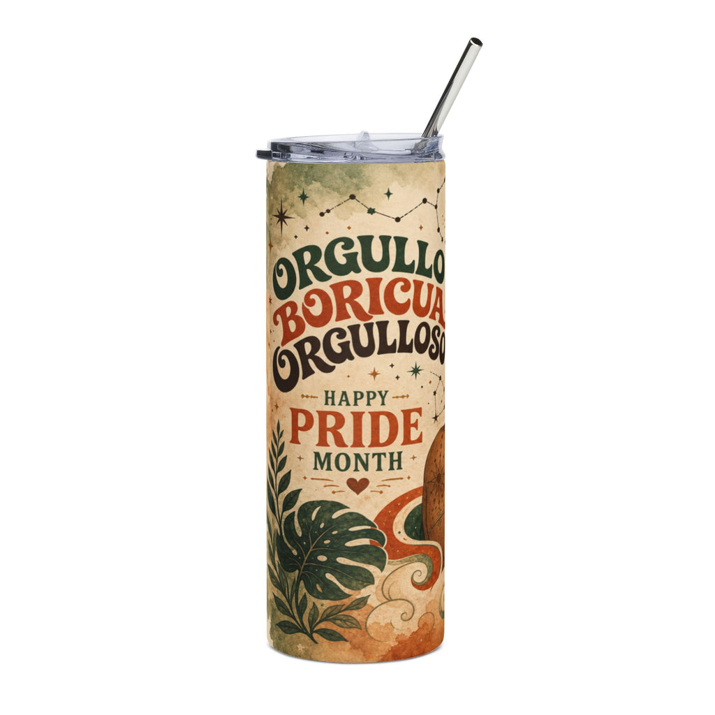 Orgullo Boricua Happy Pride Month tumbler with tropical leaves and abstract design.