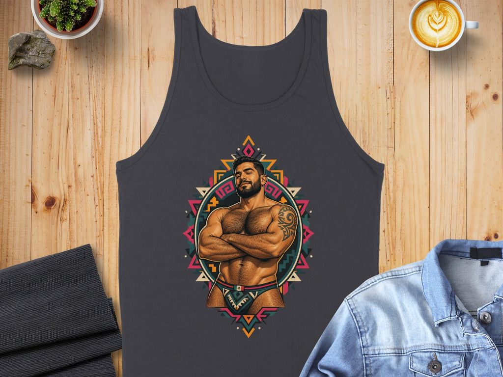Men's dark grey tank top with a colorful geometric chest graphic of a muscular man.