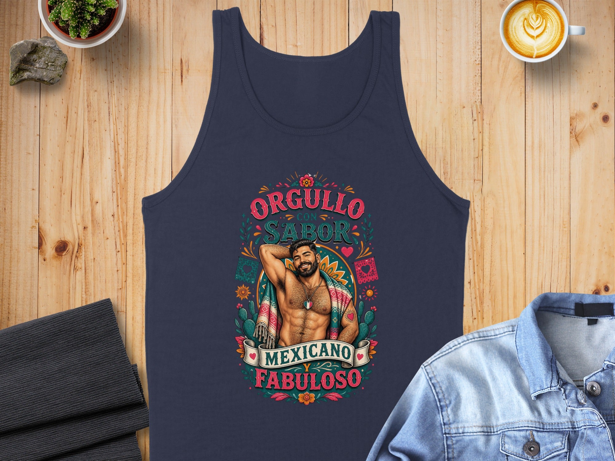 Dark blue tank top with "Orgullo con Sabor Mexicano Fabuloso" text and illustration.